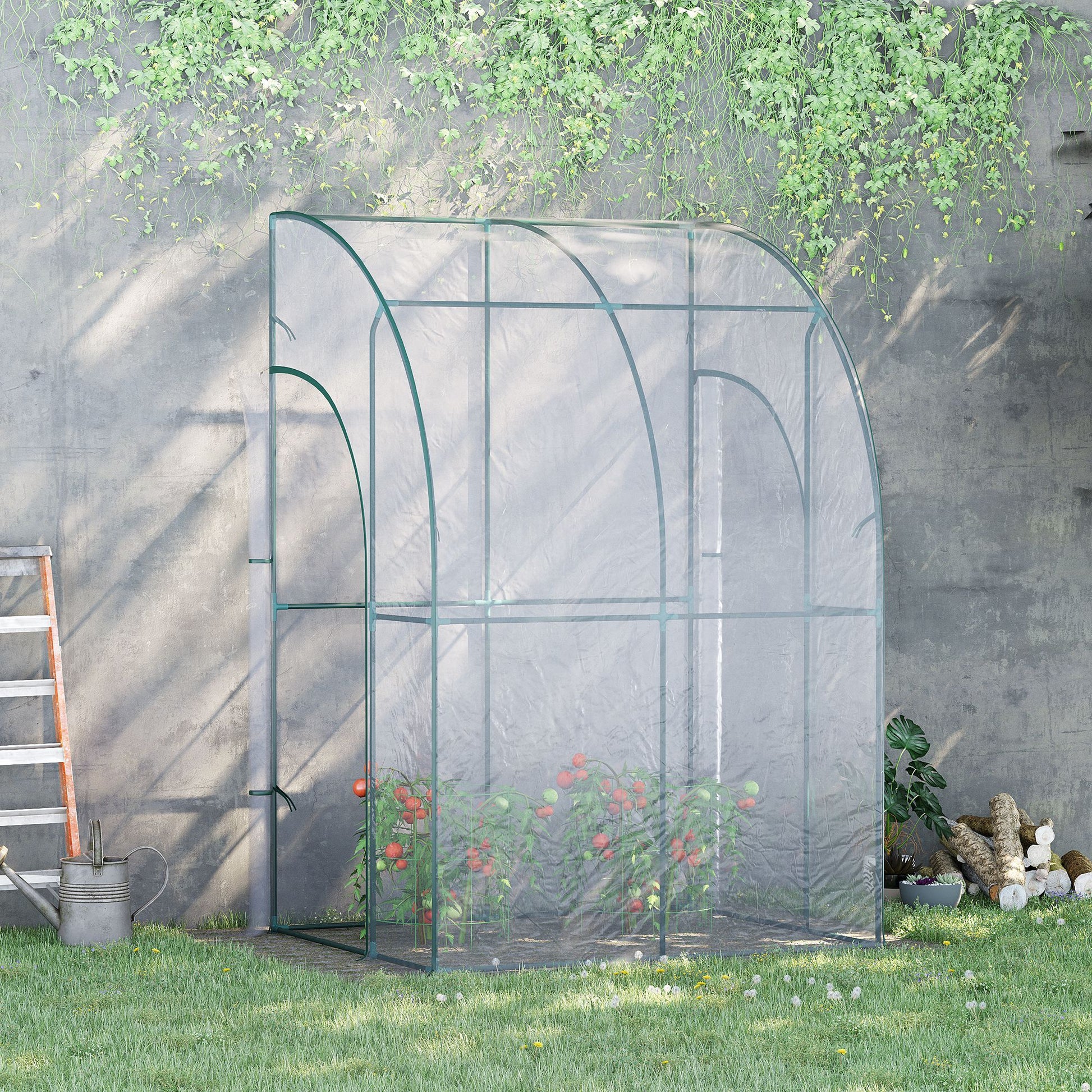 Outsunny 5' X 4' X 7' Lean To Greenhouse, Walk In Wall Mounted Hot House & Plant Nursery With 2 Zippered Roll Up Doors, Sloping Pvc Cover, Green And Clear Clear Steel