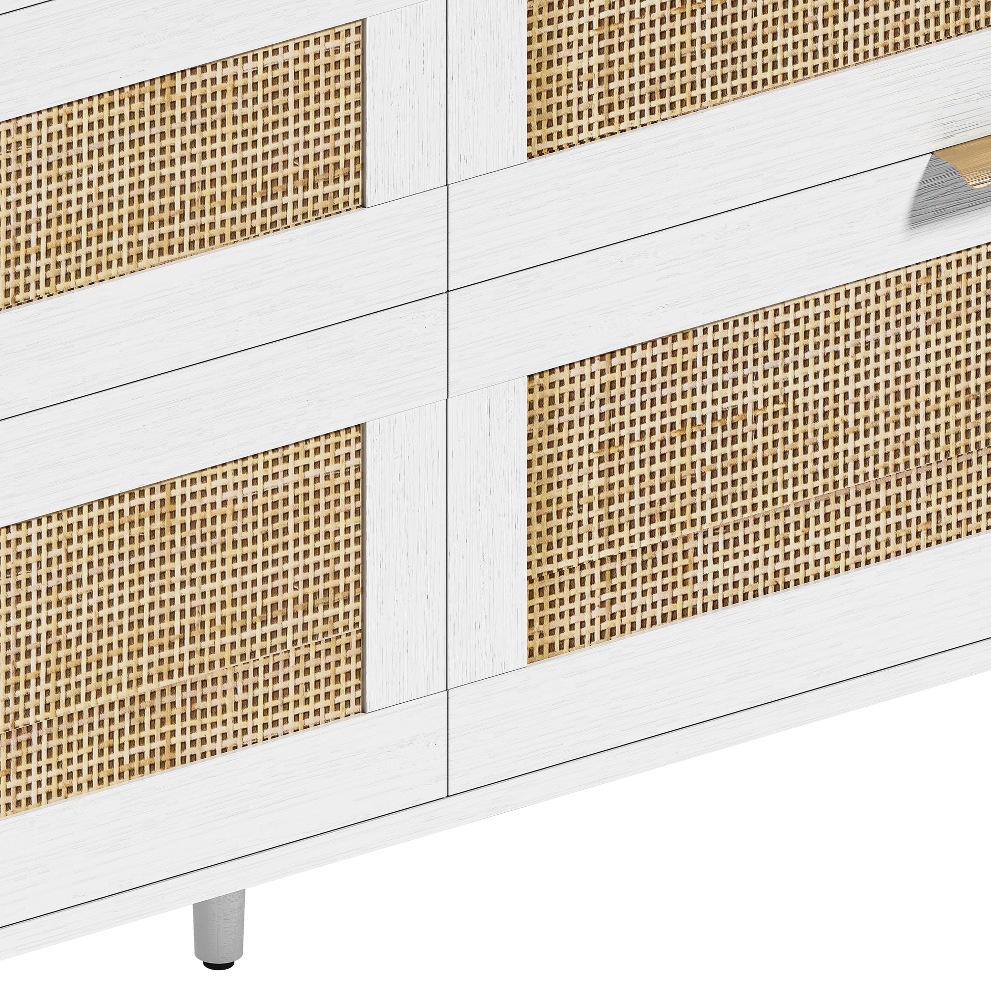 59" Rattan Dresser With Drawers, 6 Drawer Dresser For Bedroom, Clothes Storage Cabinet For Bedroom, Metal Handle&Wood Legs For Hallway, Living Room, Bedroom,White White Mdf Metal