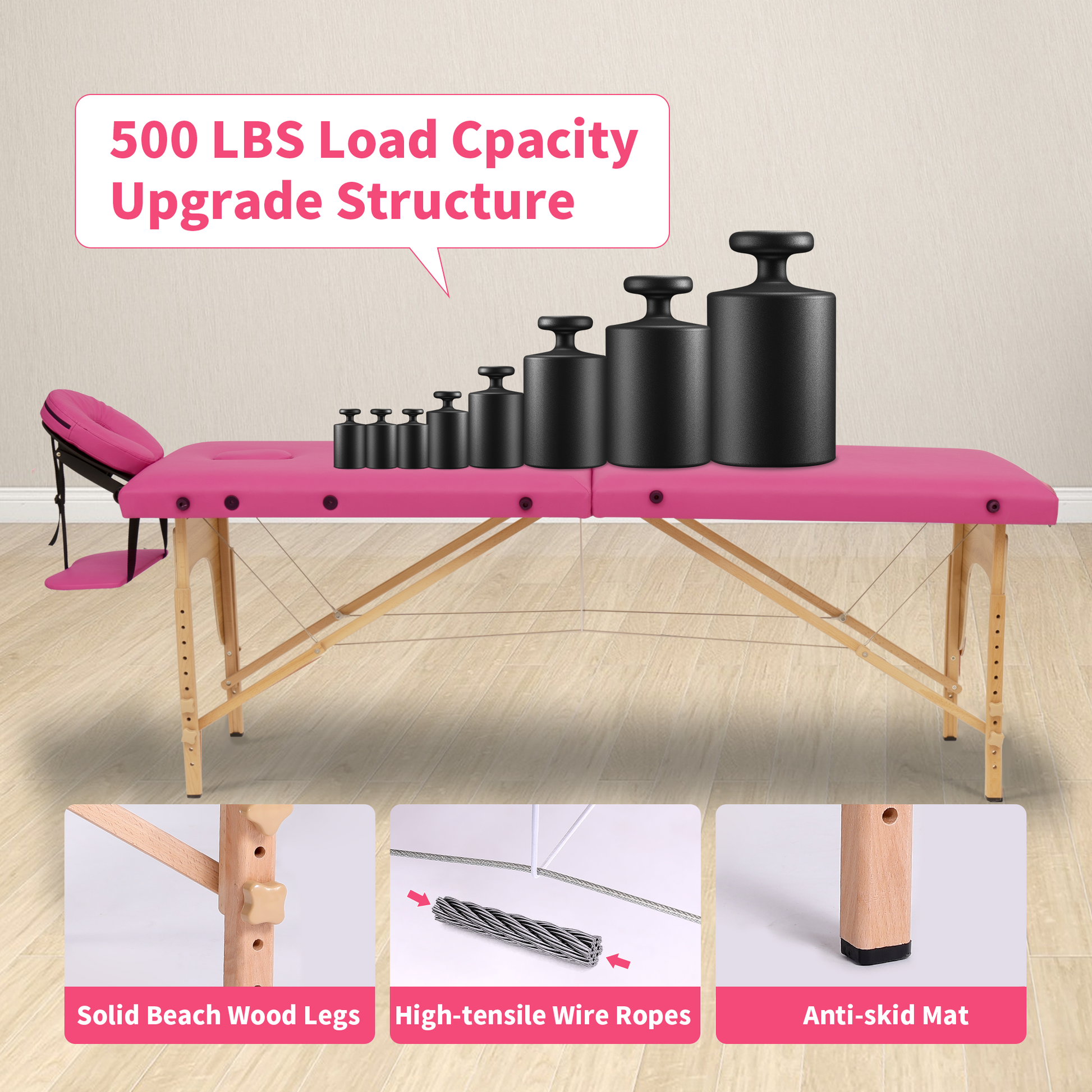 Massage Table Portable Massage Bed Lash Bed With Carrying Case Spa Table Height Adjustable, Salon Bed Face Cradle Bed Rose Faux Leather