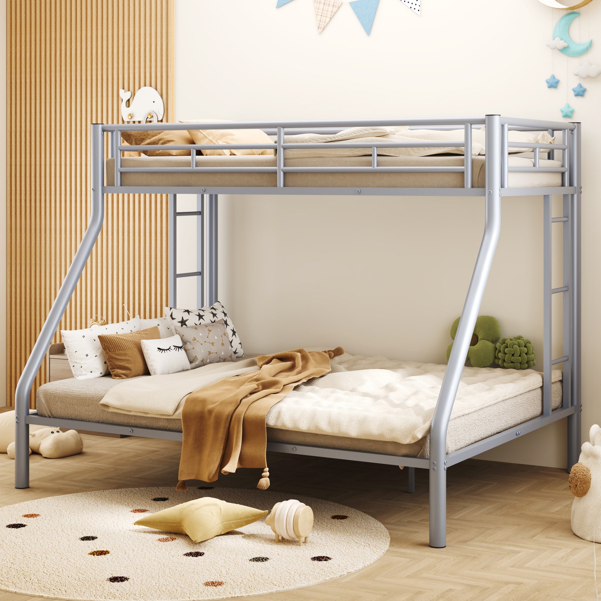 Twin Xl Over Queen Metal Bunk Bed With Ladder And Guardrails, Silver Expected Arrival Time: 9.7 Box Spring Not Required Twin Xl Silver Metal Metal