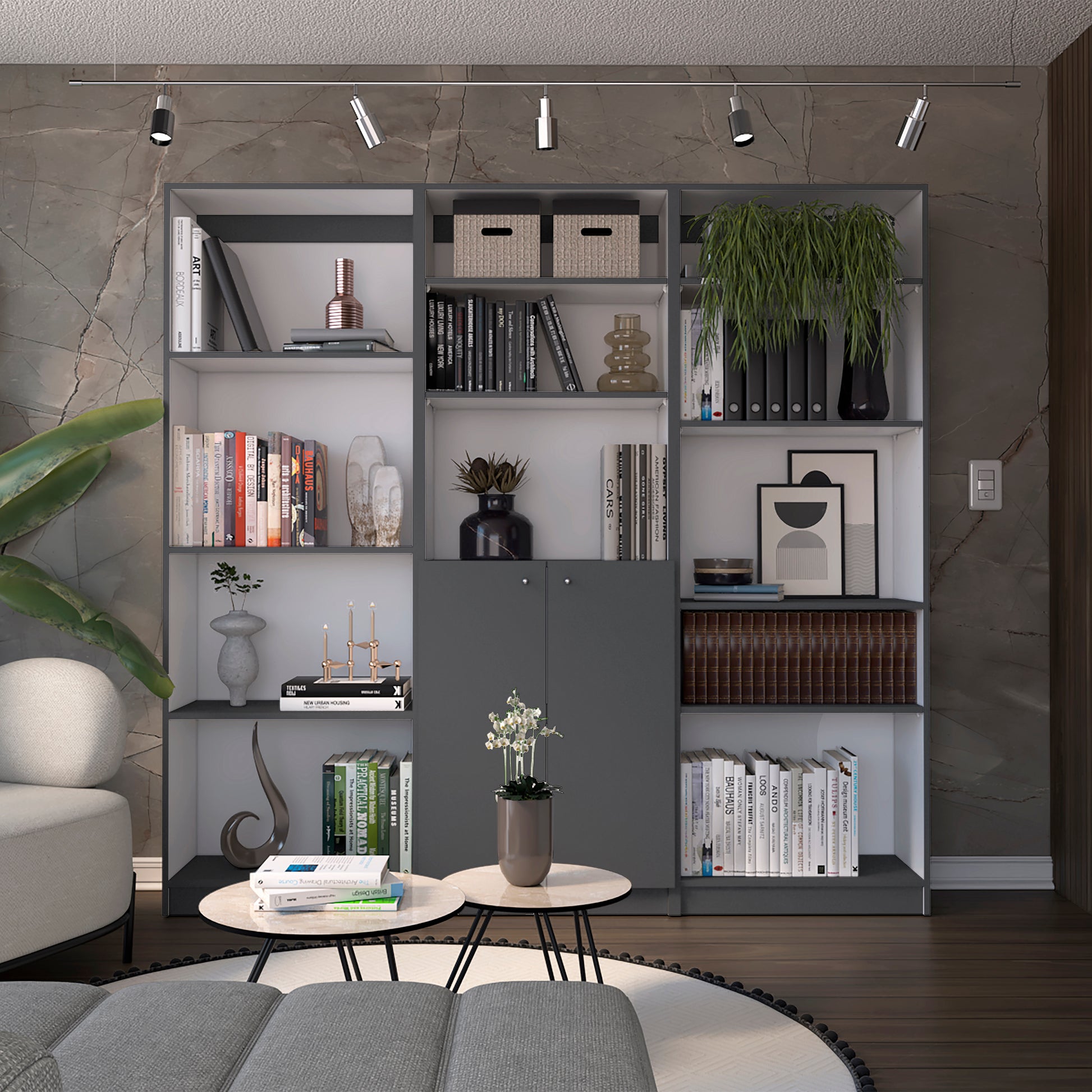 Aynor 3 Piece Home Bookcase Set, 74" Wide With 12 Shelves And 2 Door Cabinetliving Room Set Matt Gray White Multicolor Office Modern Particle Board