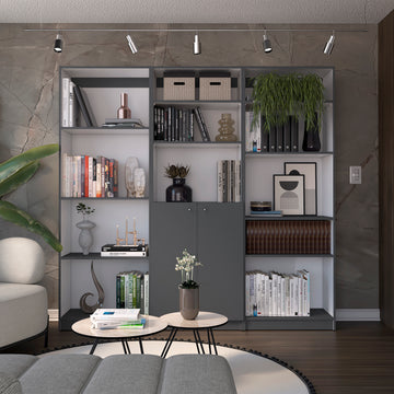 Aynor 3 Piece Home Bookcase Set, 74" Wide With 12 Shelves And 2 Door Cabinetliving Room Set Matt Gray White Multicolor Office Modern Particle Board