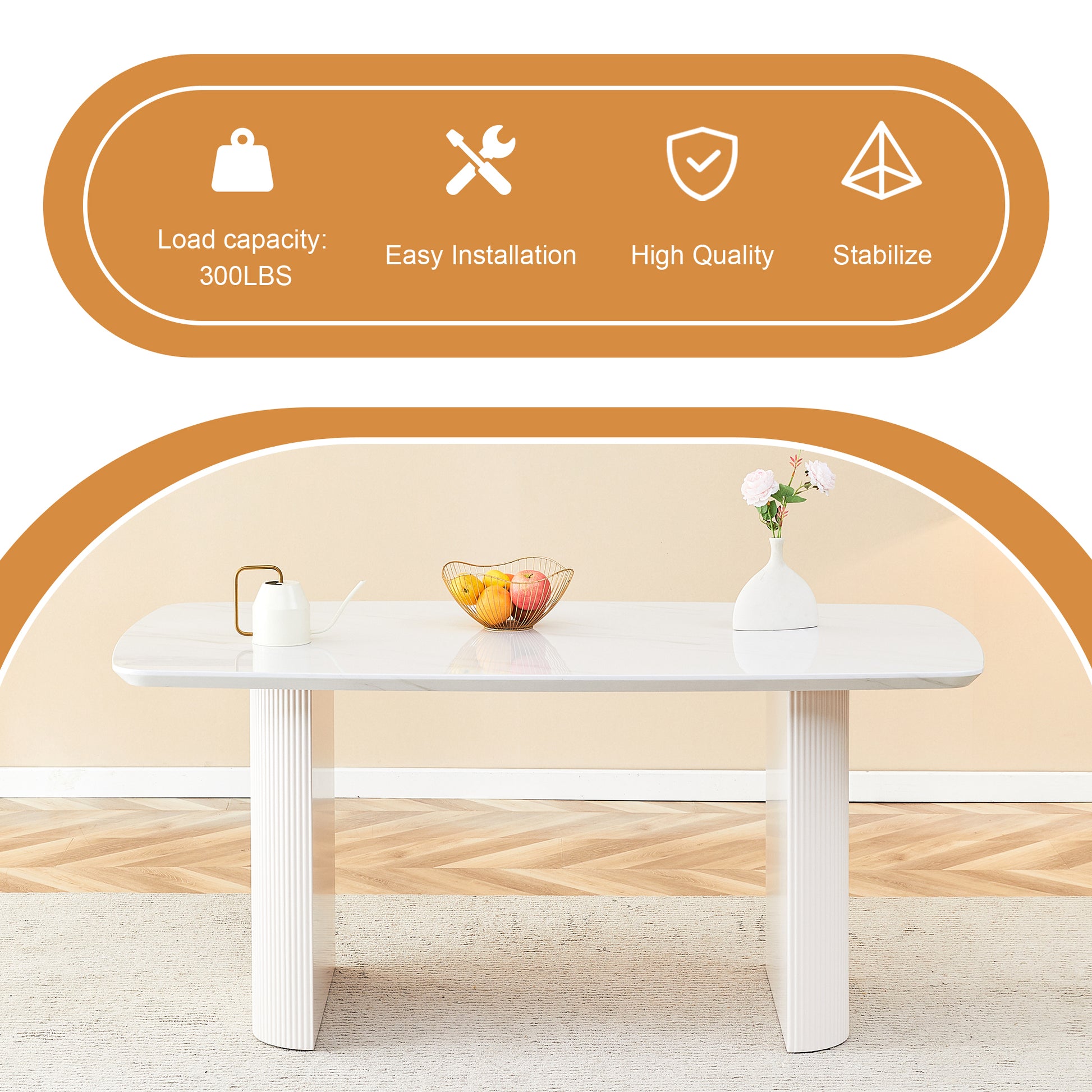 Cream Style Mdf White Dining Table.It Is A Furniture With A Warm And Soft Appearance, Suitable For Creating A Comfortable And Friendly Dining Environment, Suitable For Kitchens, Dining Rooms,Etc. White Mdf