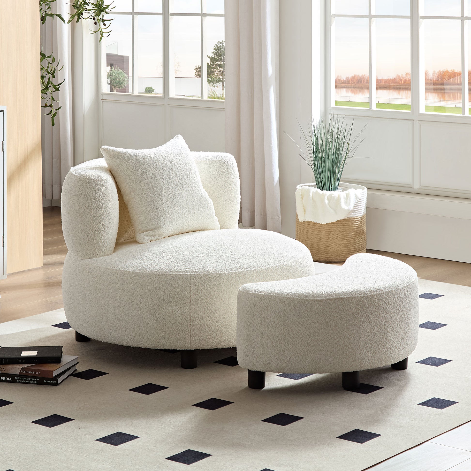 Modern Chair, Single Teddy Fabric Sofa Chair With Ottoman,Sidetable, Foot Rest Comfy Chair For Living Room Bedroom And Office,Beige Beige Foam Fabric