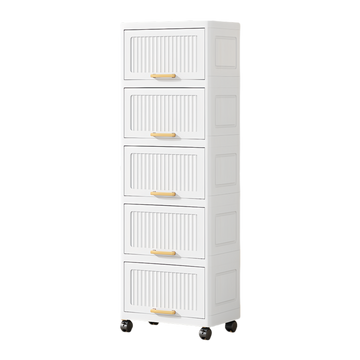 15.75" Side Wide 5 Layers Flip Open Storage Box With Wheels, Movable Storage Cabinet, Kitchen Shelf, Movable Storage Island, Home Organization, Wardrobe Storage Box White Plastic