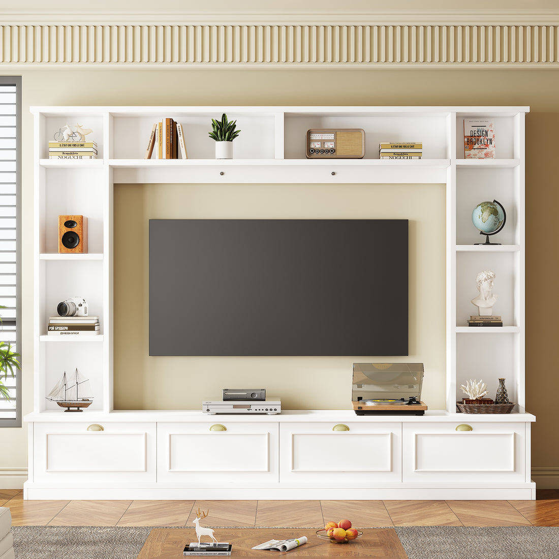 Large Wall Unit Entertainment Center With Bookshelves For Tvs Up To 78'', Modern Tv Console With Cabinets And Open Shelves, 4 In 1 Tv Stand With Golden Handles, White, 104.2''W*81.2''H White 70 79 Inches Mdf