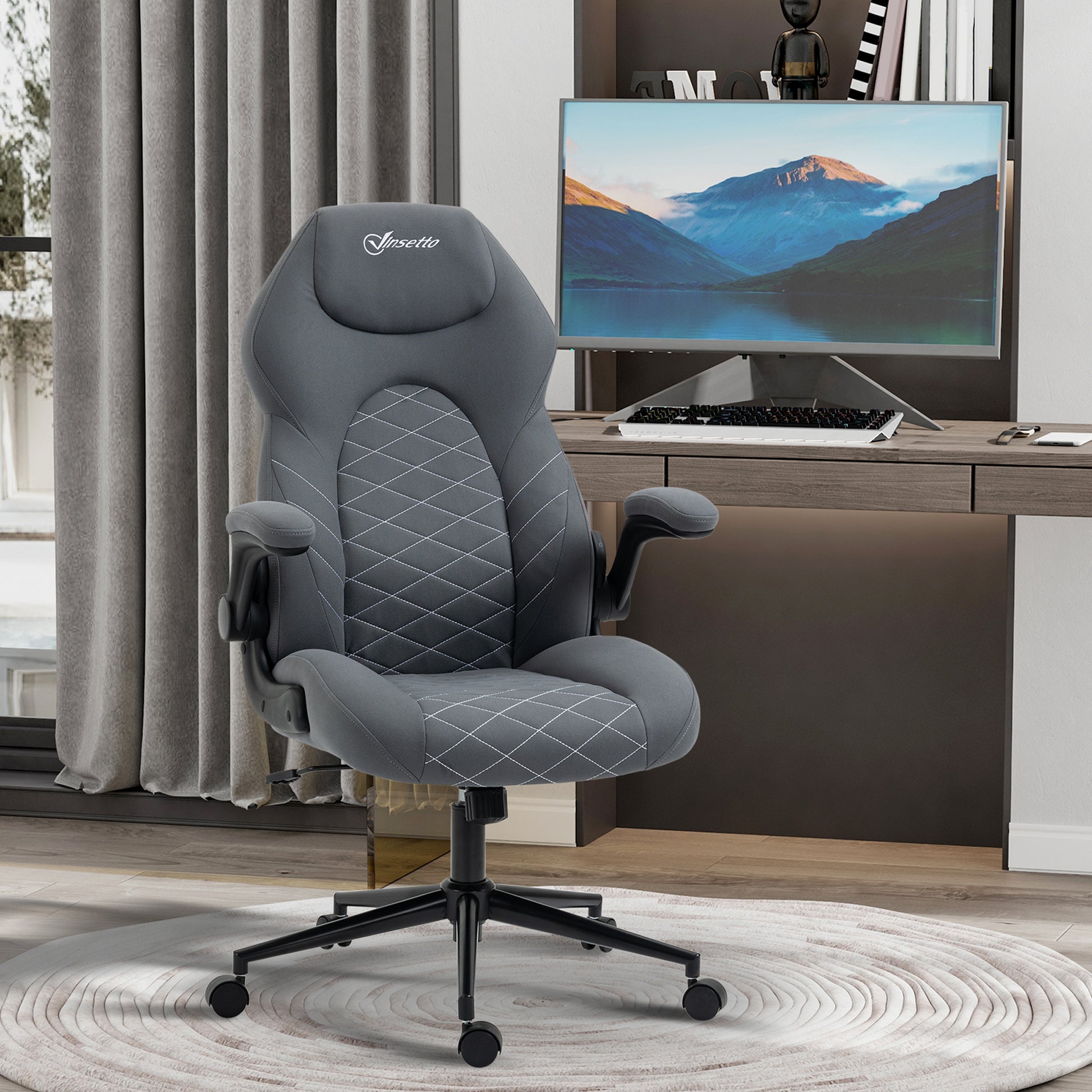 Vinsetto High Back Office Chair With Flip Up Armrests, Swivel Computer Chair With Adjustable Height And Tilt Function, Dark Gray Dark Gray Polyester