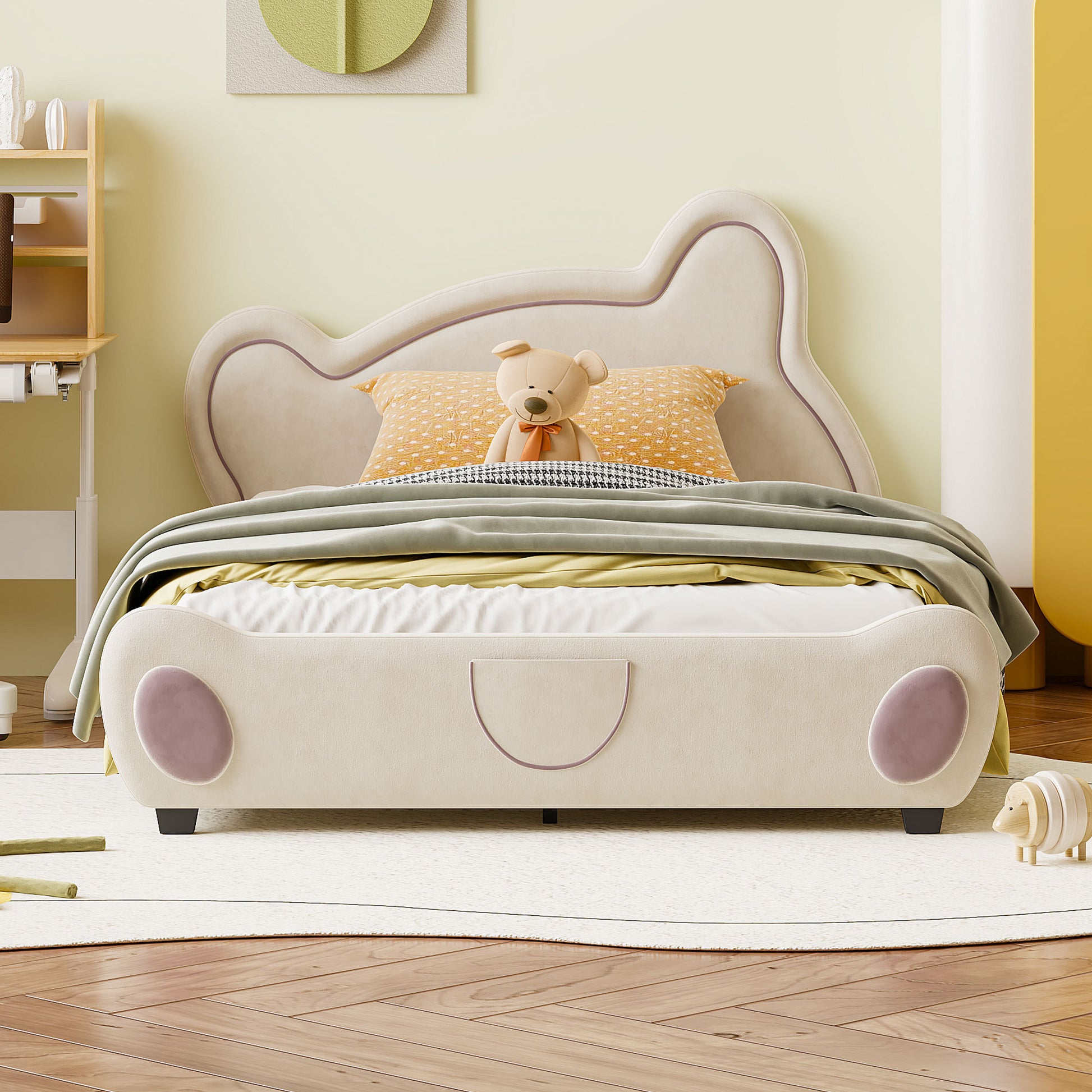 Full Size Velvet Platform Bed With Bear Shaped Headboard, With Bed End Storage Pocket, Beige Full Beige Plywood