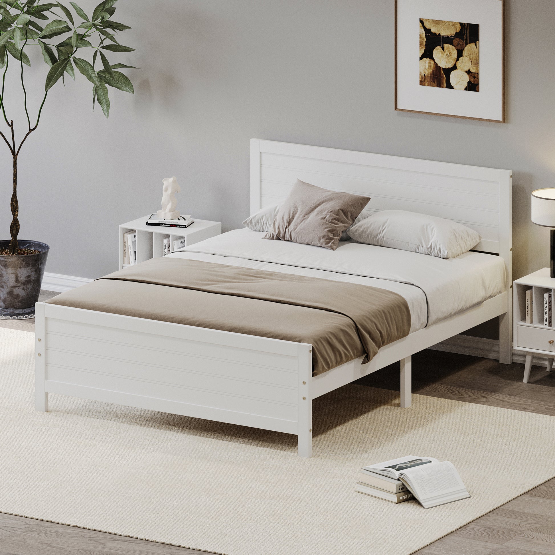 Wood Platform Bed Frame With Headboard, Mattress Foundation With Wood Slat Support, No Box Spring Needed, Queen Size, White Box Spring Not Required Queen White Wood Solid Wood Mdf