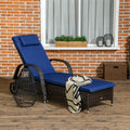 Outsunny Wicker Outdoor Chaise Lounge, 5 Level Adjustable Backrest Pe Rattan Pool Lounge Chair With Wheels, Cushion & Headrest, Brown And Dark Blue Multicolor Rattan