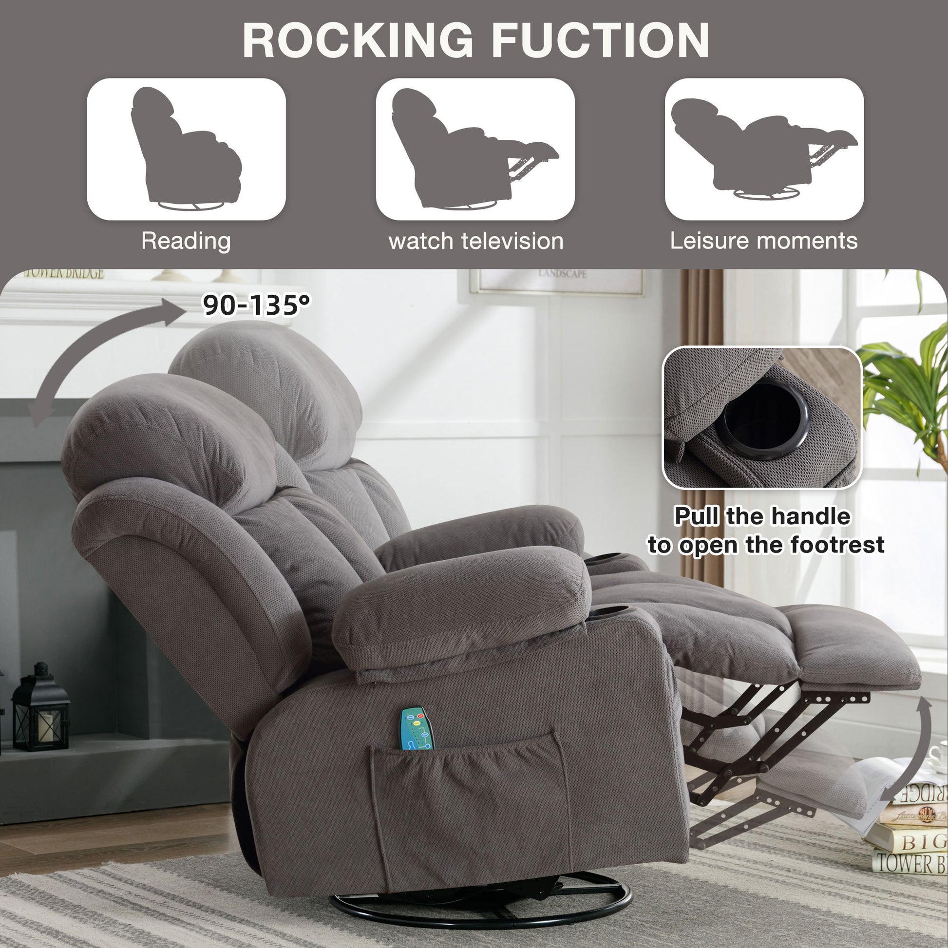 Swinging Recliner Massage Heated Sofa, With Usb And 2 Cup Holders In Side Pockets, Packagea B Grey Grey Velvet Manual Handle Metal Soft Heavy Duty Metal & Wood