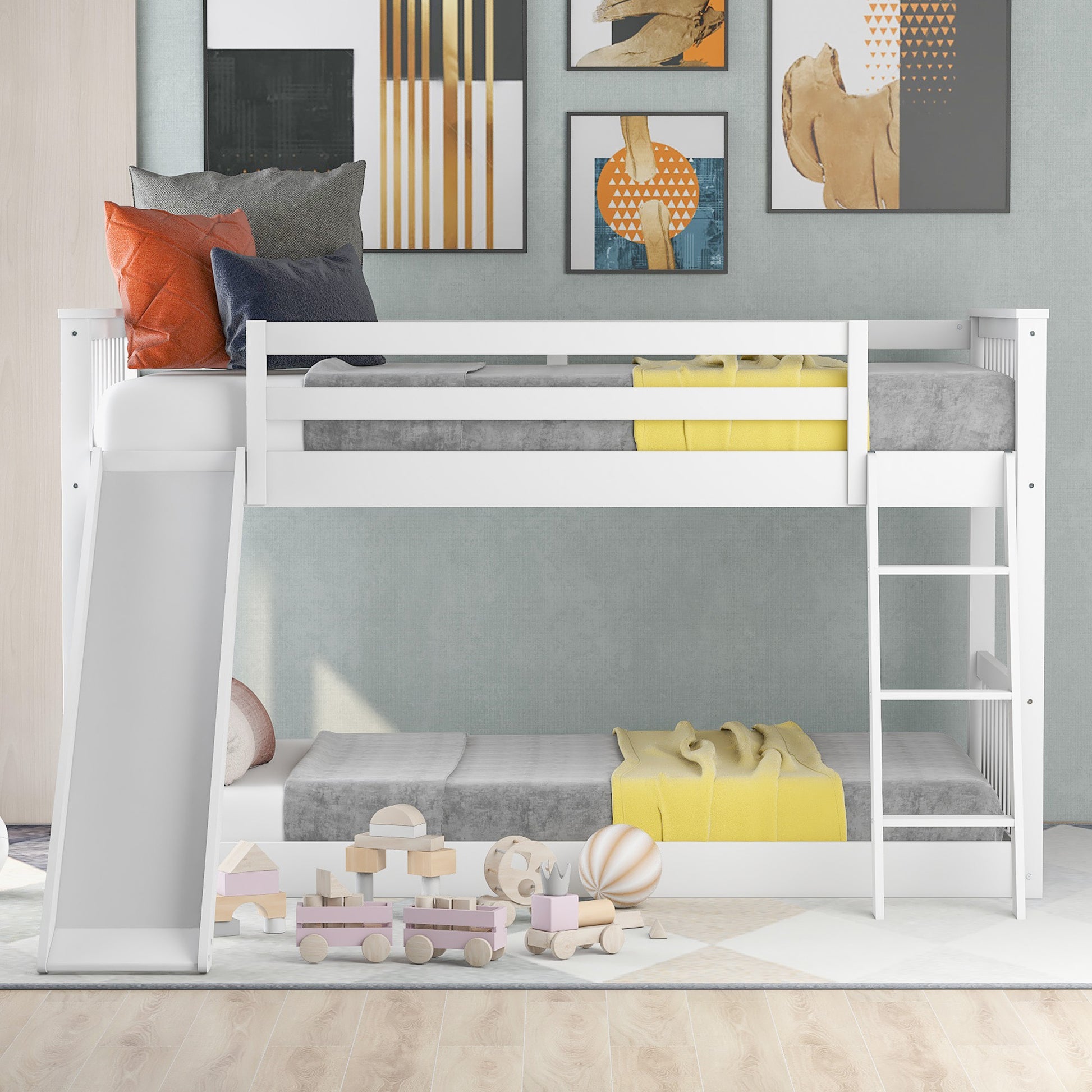 Twin Over Twin Bunk Bed With Convertible Slide And Ladder, White Old Sku: Sm000213 Box Spring Not Required Twin White Wood Bedroom Bunk Pine