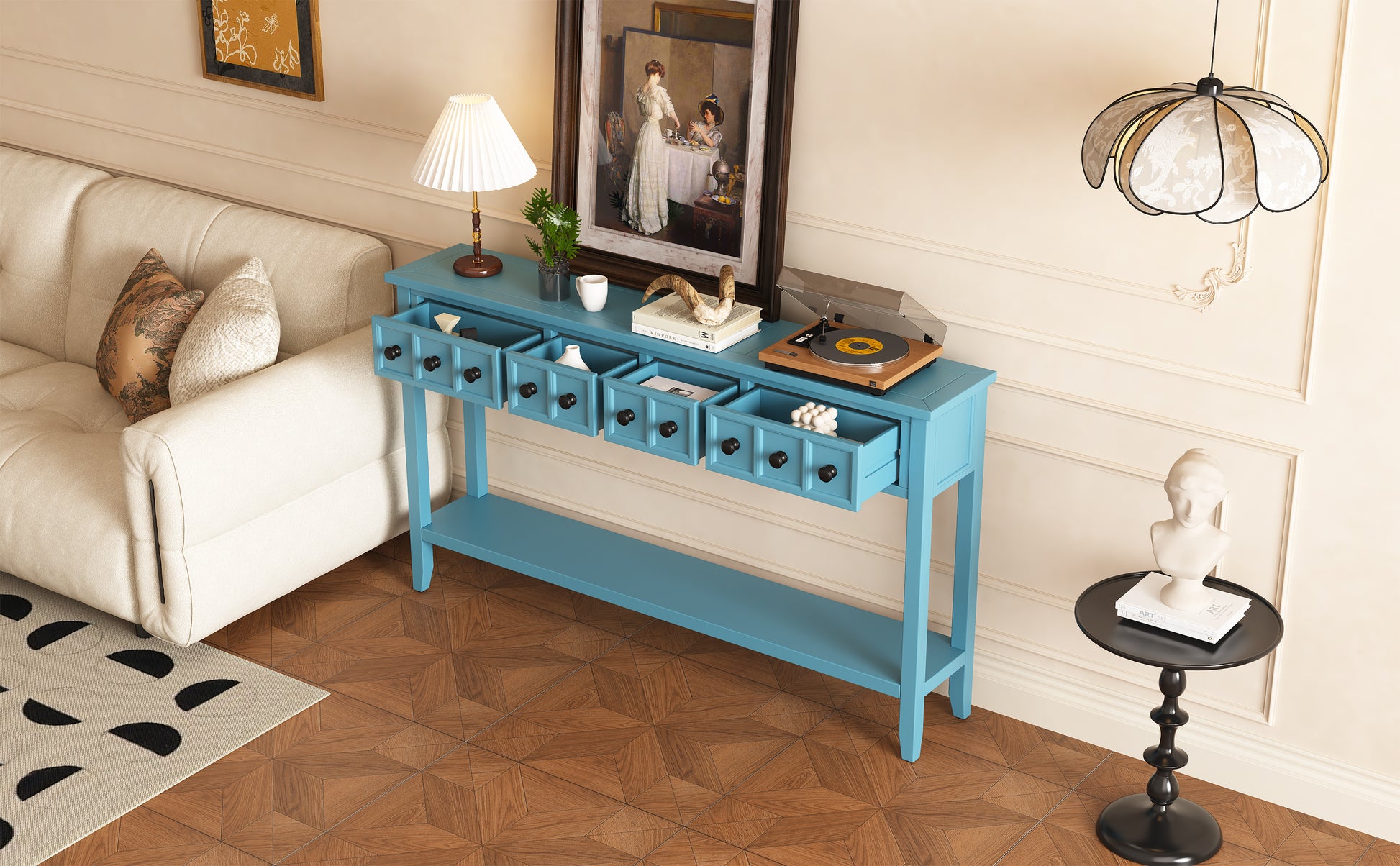Rustic Entryway Console Table, 60" Long Sofa Table With Two Different Size Drawers And Bottom Shelf For Storage Turquoise Green Turquoise Green Solid Wood
