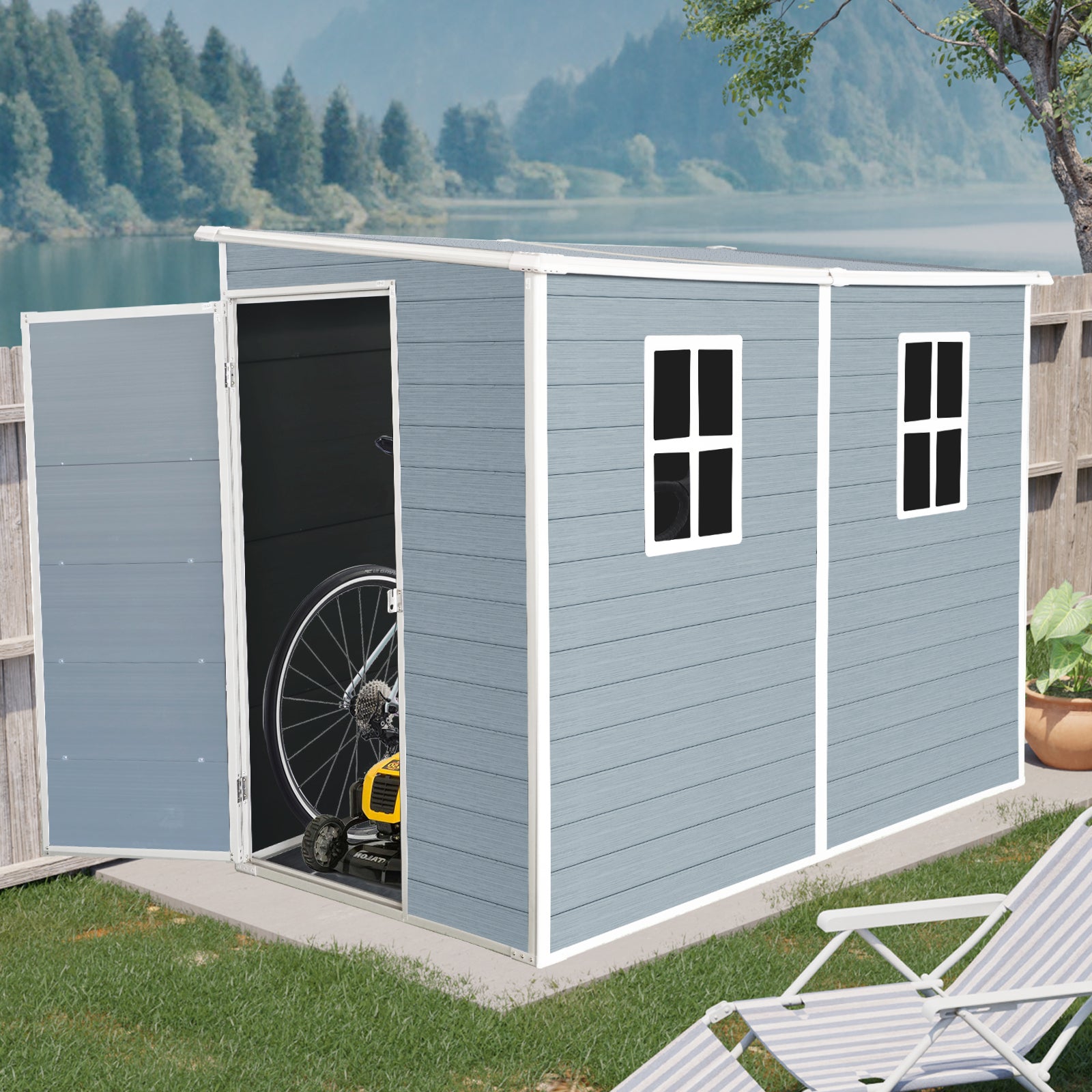 8X4Ft Outdoor Storage Shed With Floor Resin Shed With Two Window, Waterproof ,Lockable Doors For Patio,Yard,Lawn Gray Grey Polypropylene