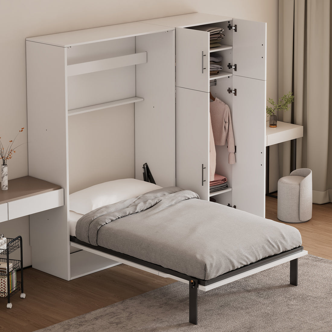 Twin Size Murphy Bed With Lockers And Wardrobes, White Box Spring Not Required Twin White Murphy Solid Wood Mdf