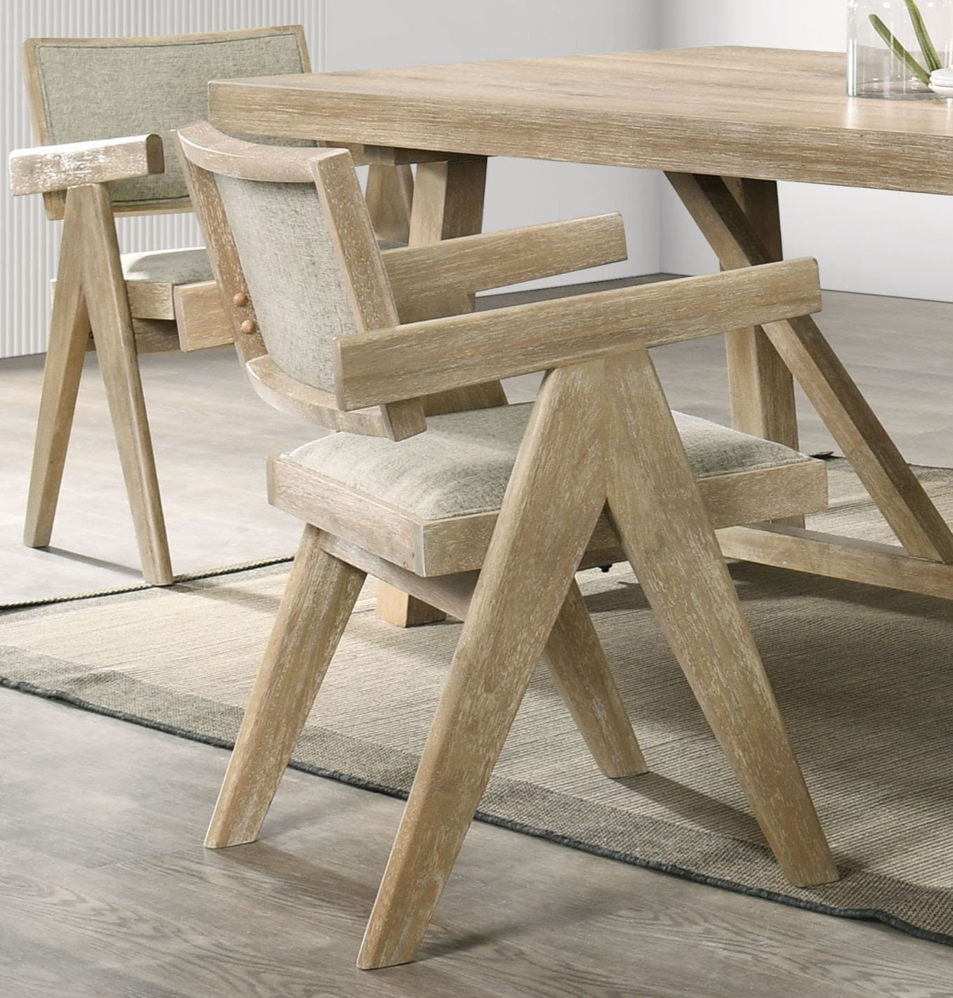 Contemporary 2Pc Dining Arm Chairs Oak Veneer Fabric Upholstered Chairs Plank Arms Dining Room Rubberwood Oak Dining Room Contemporary Arm Chair Solid Back Set Of 2 Fabric,Rubber Wood