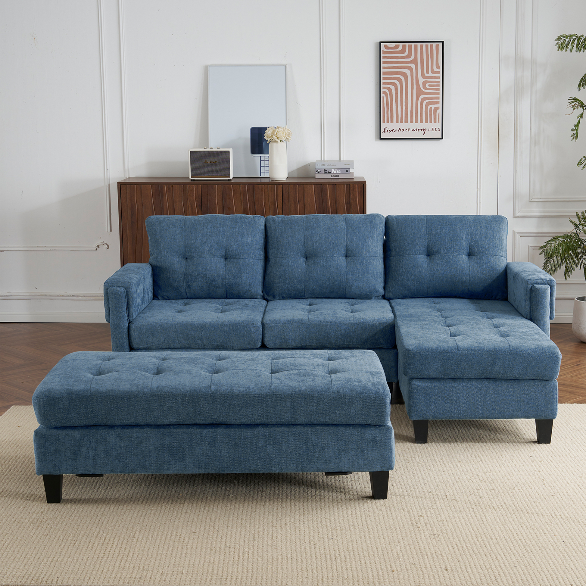 83.4" L Shaped Sofa Sectional Couch Sofa Bed With Two Usb Ports, A Movable Ottoman And A Reversible Chaise Lounge For Living Room, Navy Blue Navy Blue Foam Chenille 5 Seat