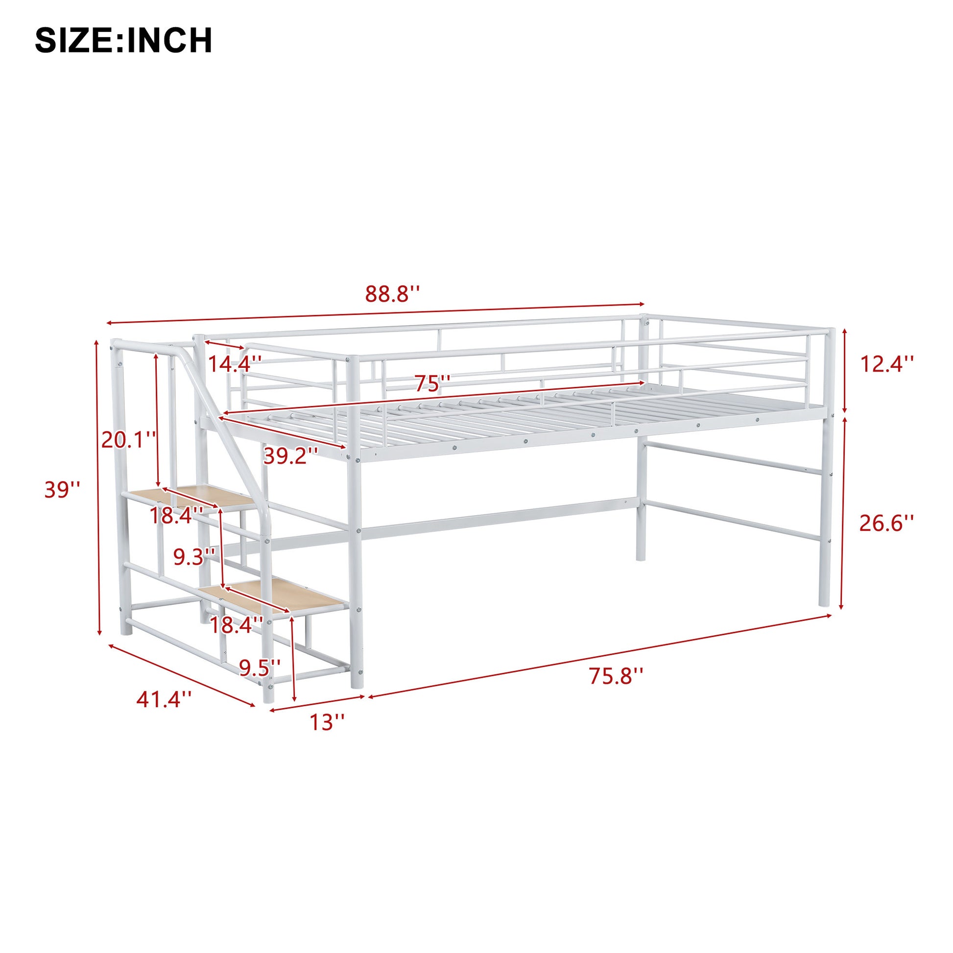 Mid Loft Bed With Storage Stairs, Twin, White Twin White Mdf Metal