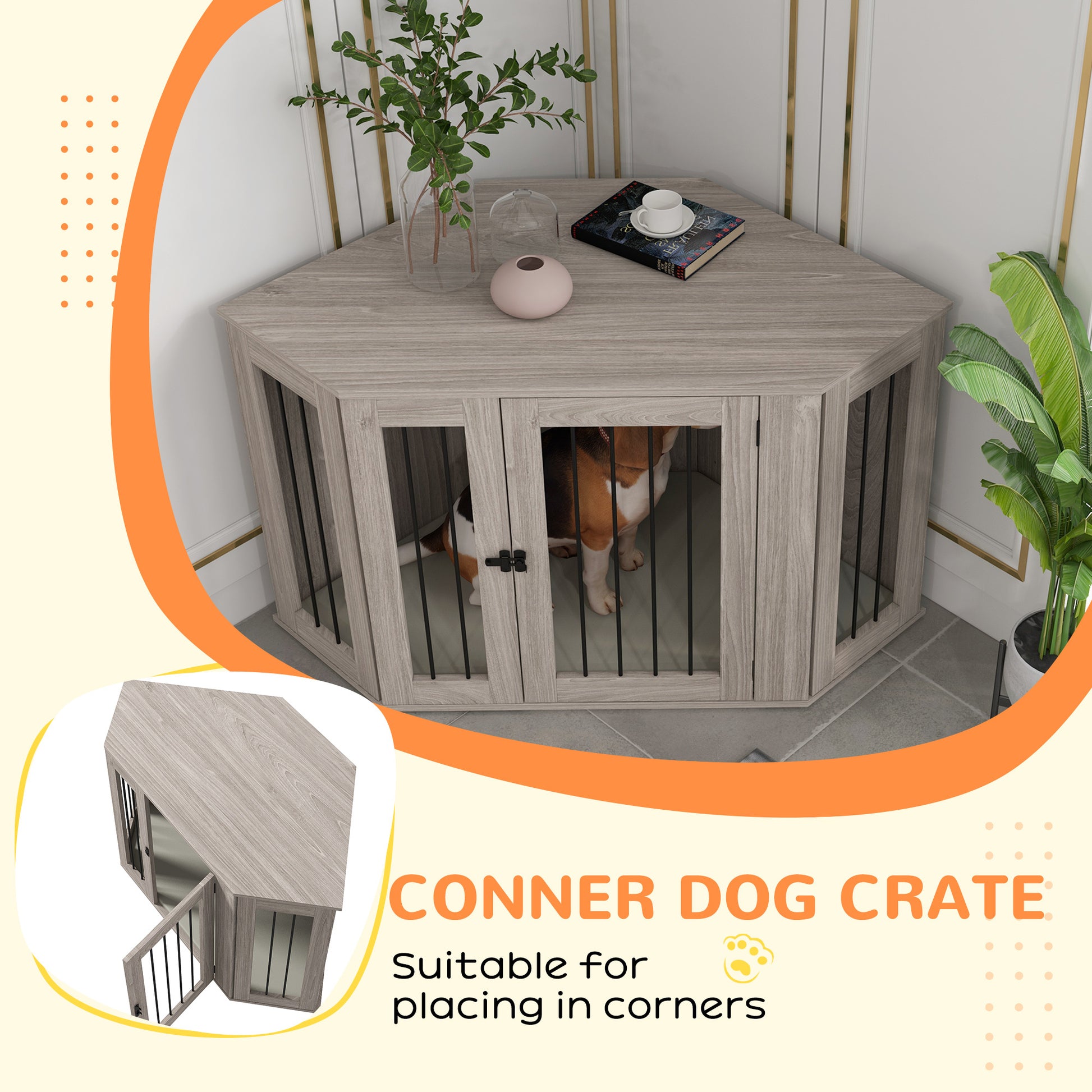 Pawhut Corner Dog Crate Furniture, End Table Dog Kennel Furniture With Cushion, Pet Crate For Large Sized Dog Indoor Use, Walnut Brown Brown Particle Board