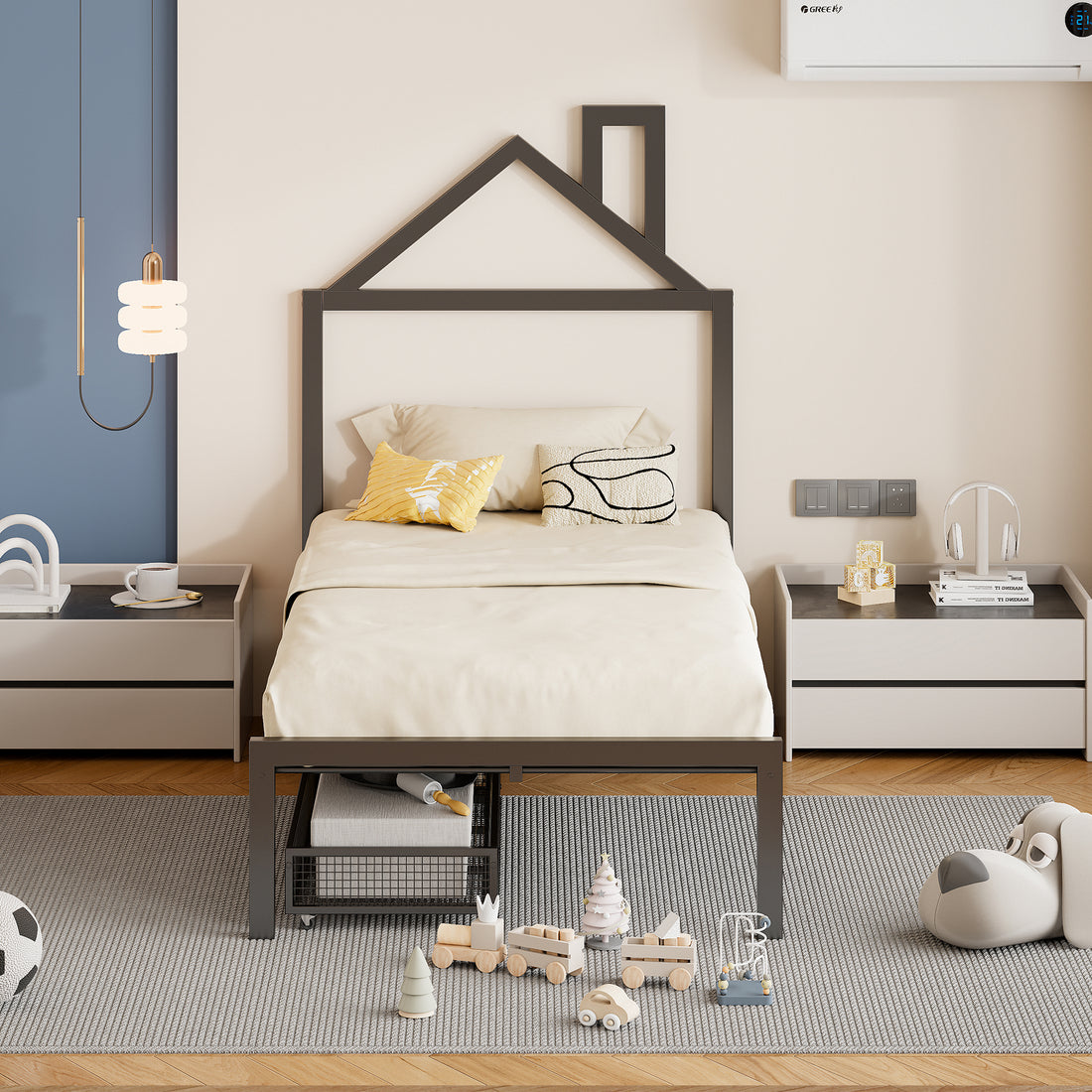 Twin Size Metal Platform Bed With Two Drawers,House Shaped Headboard Design, Black Twin Black Metal