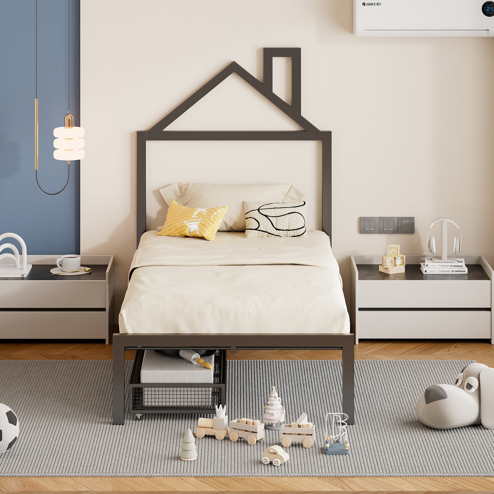 Twin Size Metal Platform Bed With Two Drawers,House Shaped Headboard Design, Black Twin Black Metal