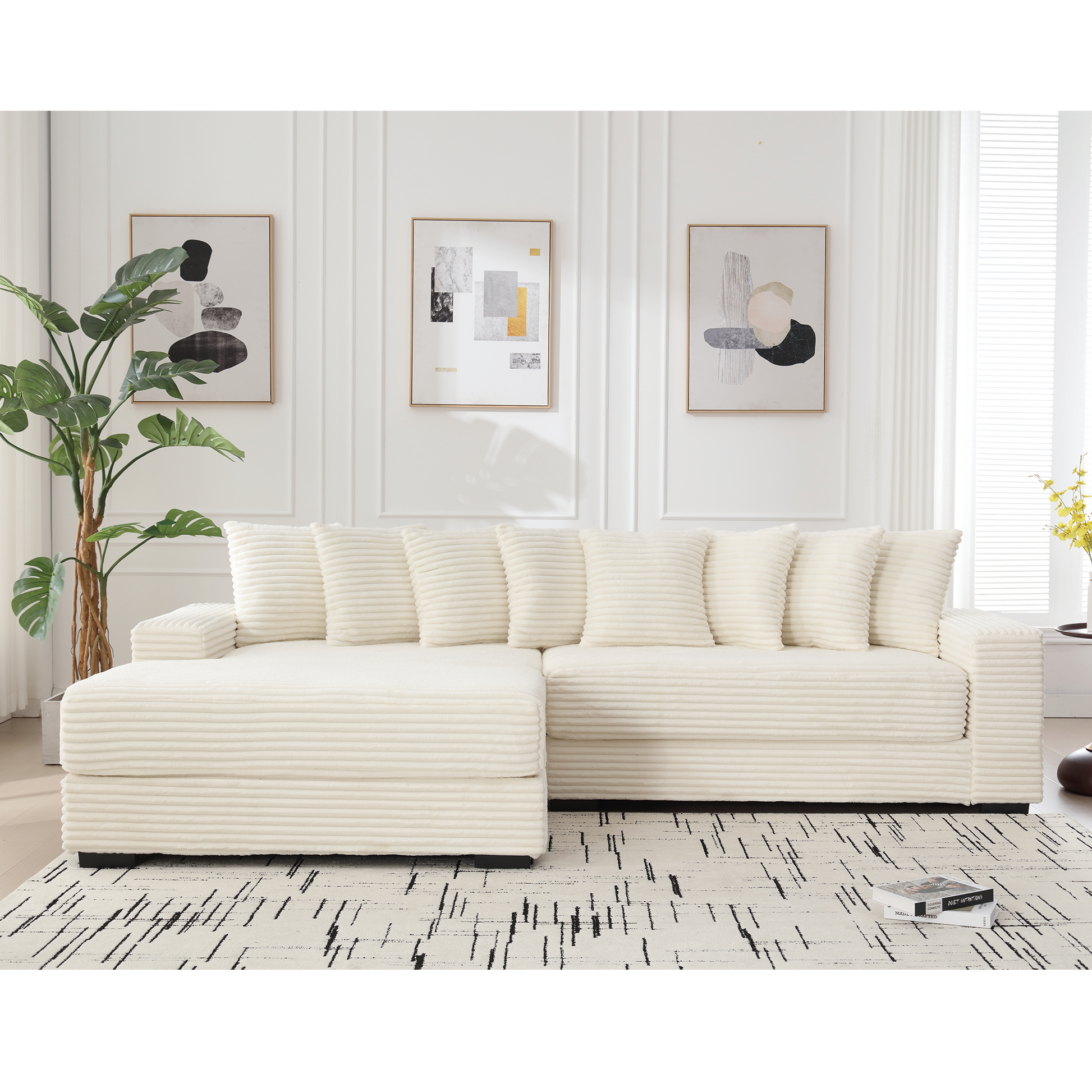 Arrived Oversized Two Piece Couches, L Shaped Sofa, Corduroy, Left Chaise Daybed,With Armrests,Eight Throw Pillows,Corner Sofa,Easy To Assemble, Beige Beige Polyester Wood Primary Living Space Pillow Back Medium Soft Modern Square Arms Wood 3 Seat