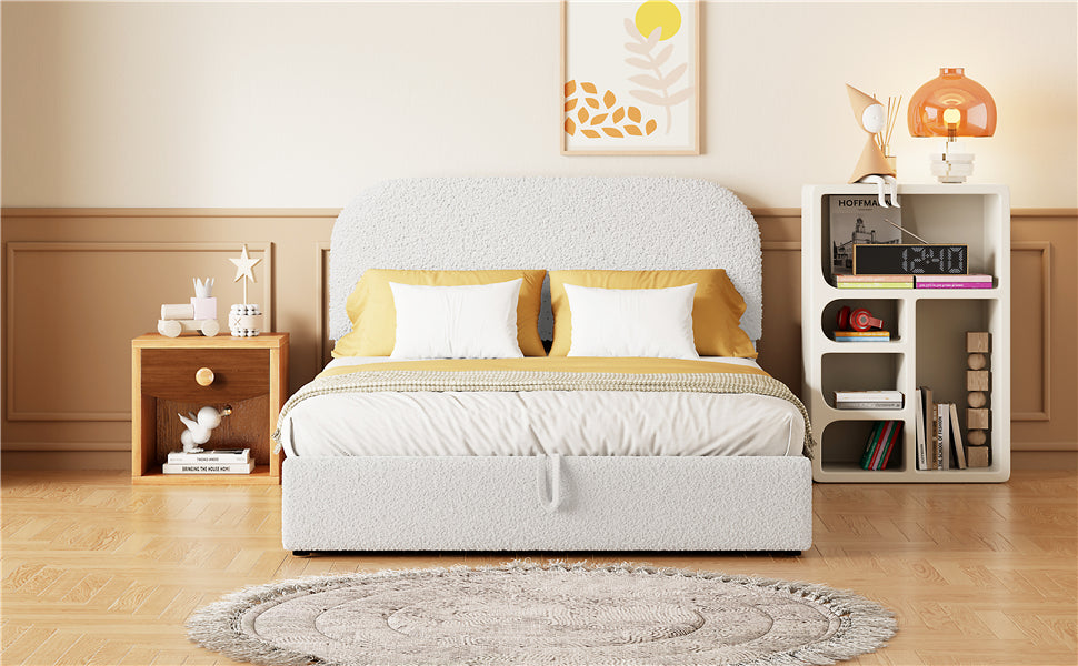 Teddy Fleece Full Size Upholstered Platform Bed With Hydraulic Storage System, White Full White Teddy