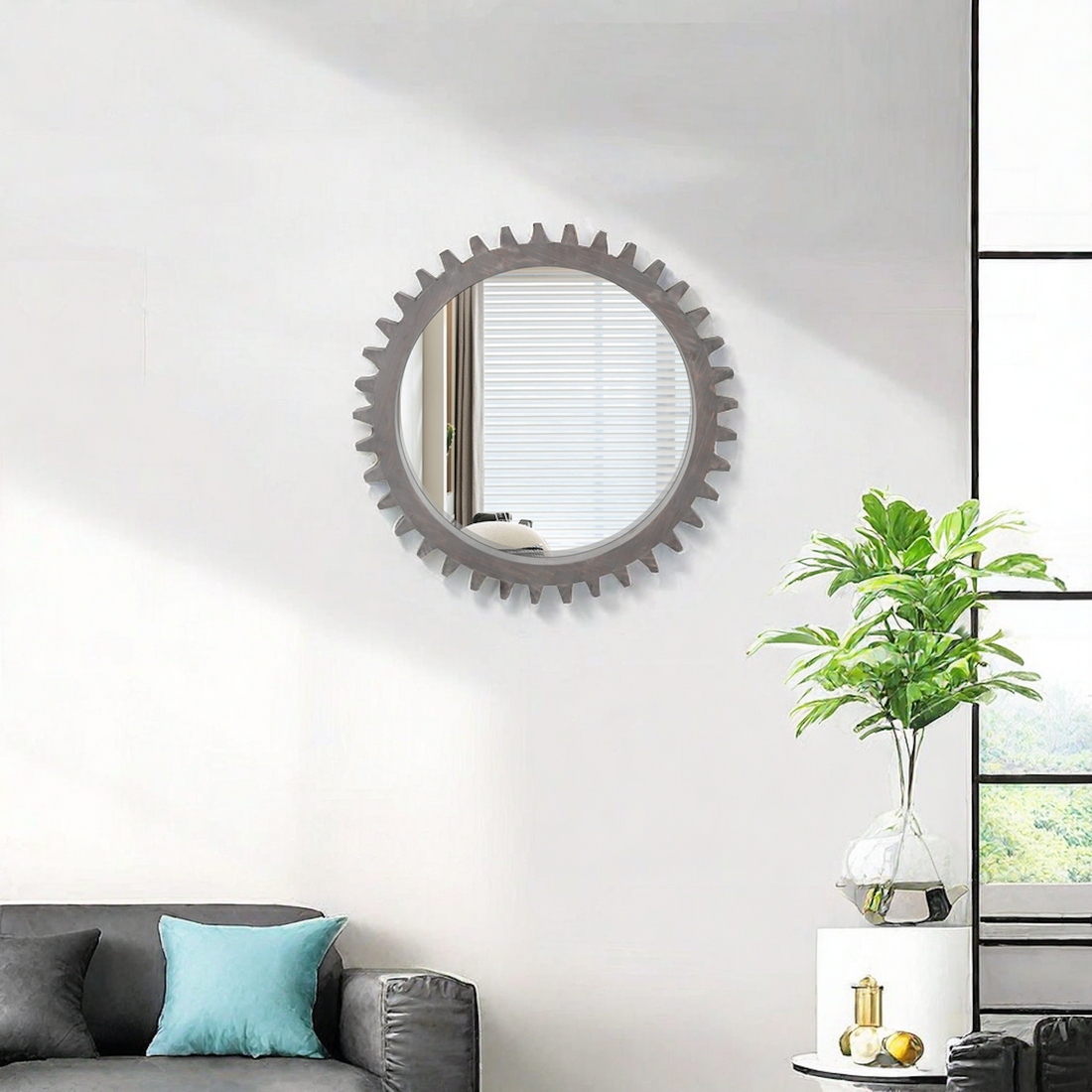 Vintage 17'' X 17'' Wood Round Hanging Gear Shape Decorative Mirror Patchwork Effect With Large Size Mirrors Individually On Art Walls,Sold Individually Antique Dark Brown Dark Brown American Design Mdf Glass Mirror
