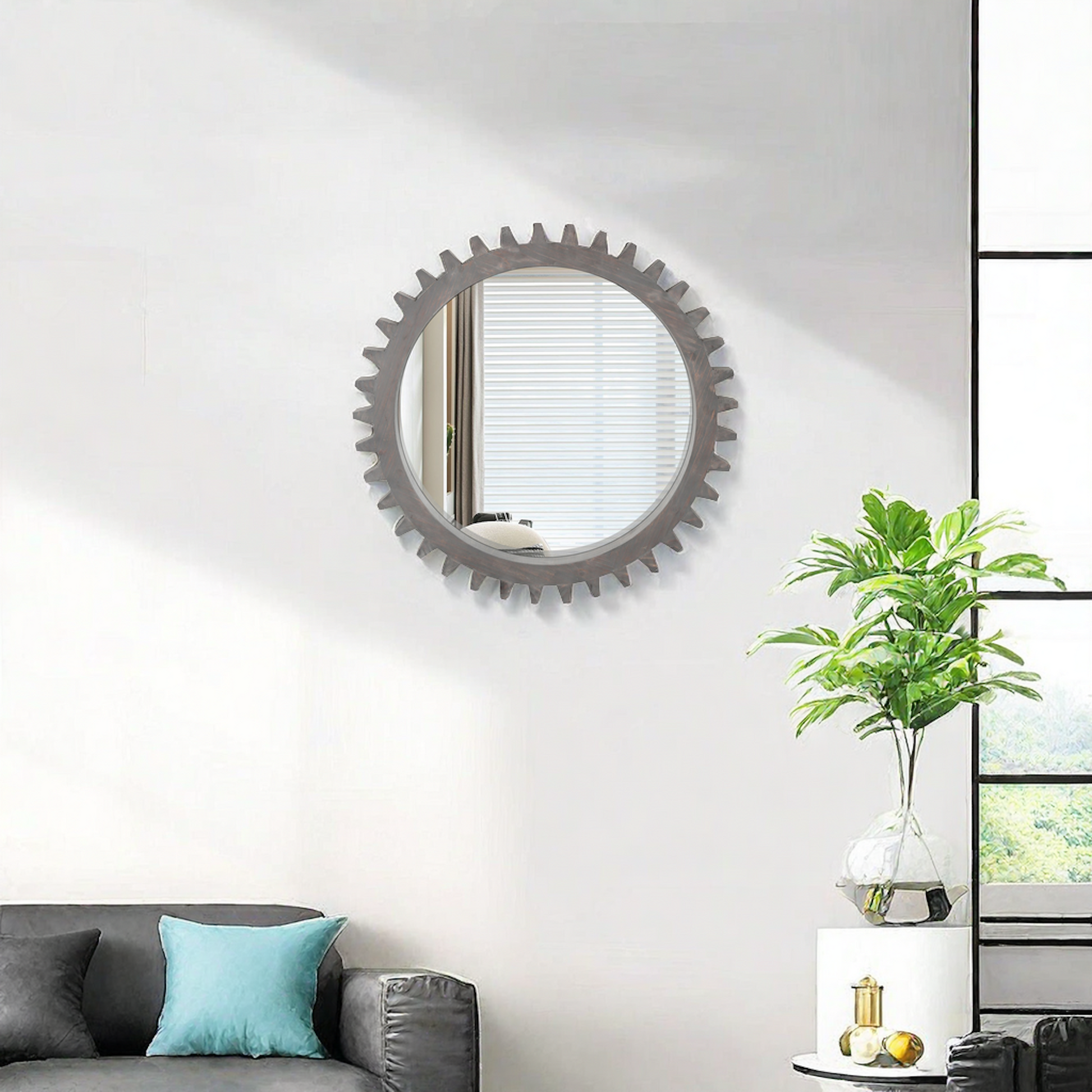 Vintage 17'' X 17'' Wood Round Hanging Gear Shape Decorative Mirror Patchwork Effect With Large Size Mirrors Individually On Art Walls,Sold Individually Antique Dark Brown Dark Brown American Design Mdf Glass Mirror