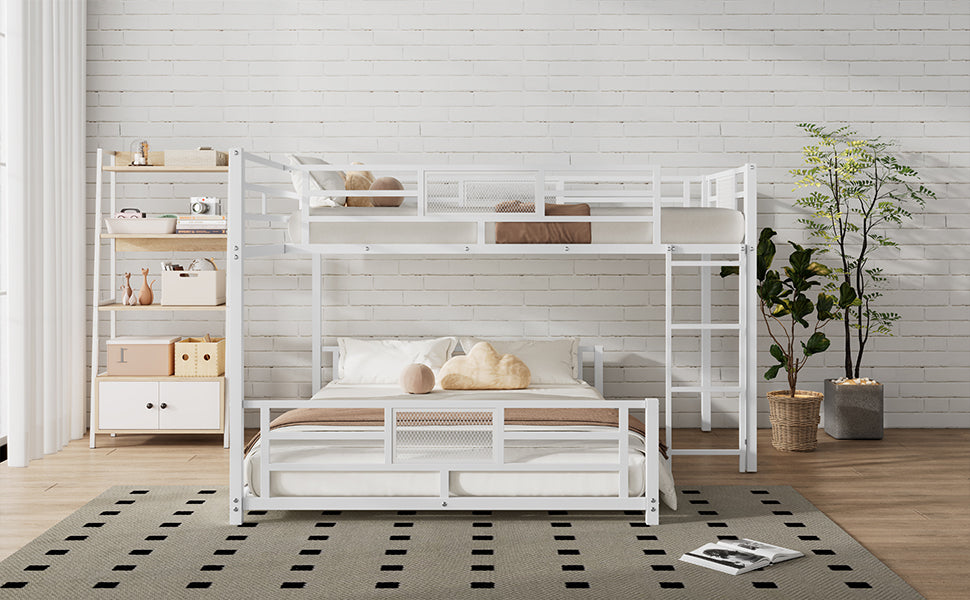 L Shaped Metal Twin Over Full Size Bunk Bed, White Box Spring Not Required White Metal Metal