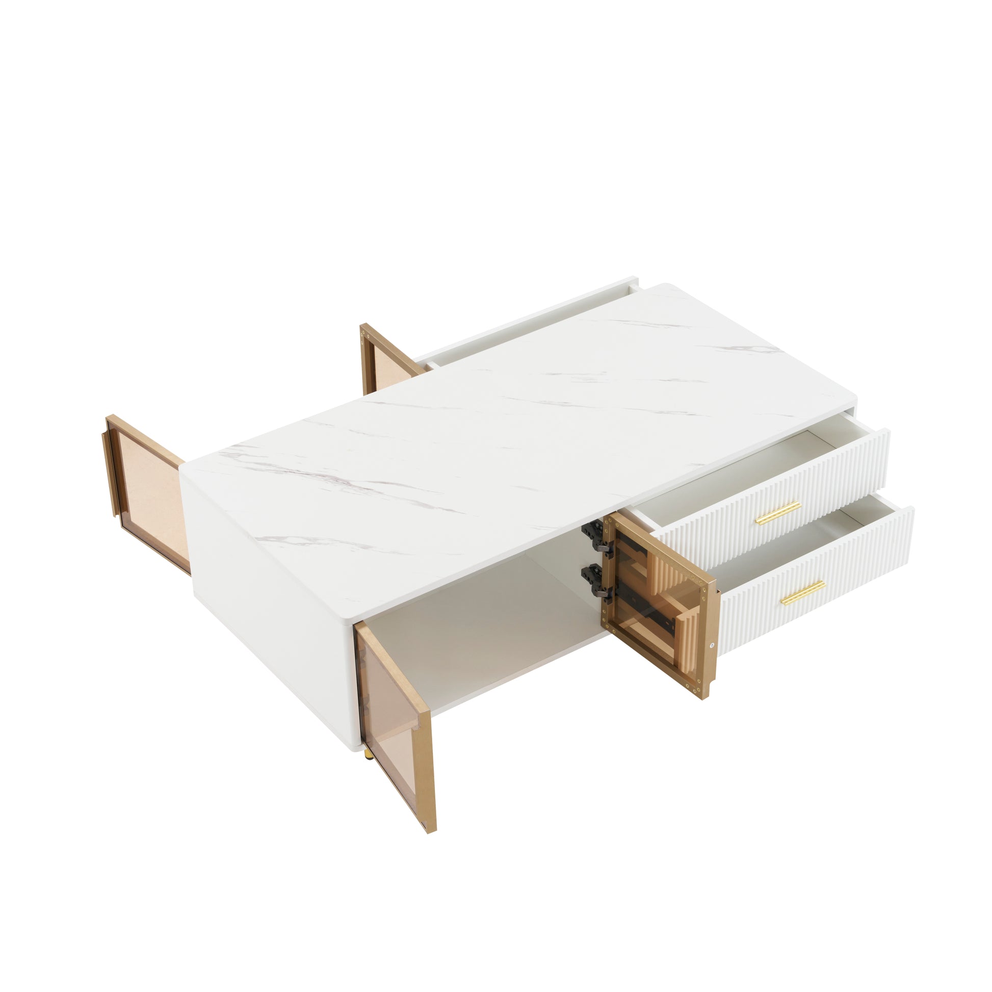 Modern White Coffee Table With 2 Glass Door Storage, 4 Drawers, Gold Metal Legs, And Multi Color Lighting In 47.2'' White Drawers Mdf