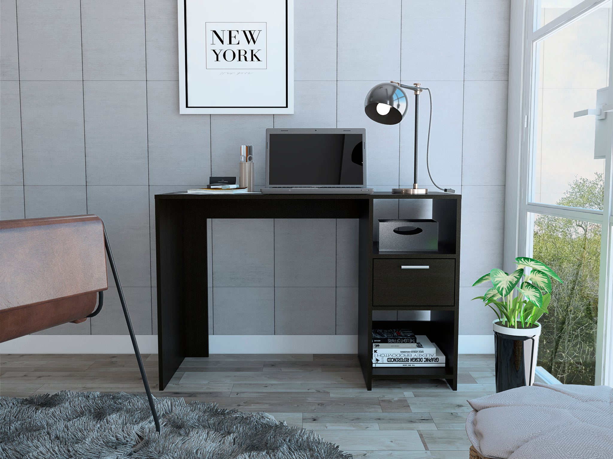 Arlington Computer Desk With 2 Open Storage Shelves And Drawer With Handle Black Computer Desk Office Contemporary Rectangular Drawers Computer Tables Rectangular Melamine Engineered Wood