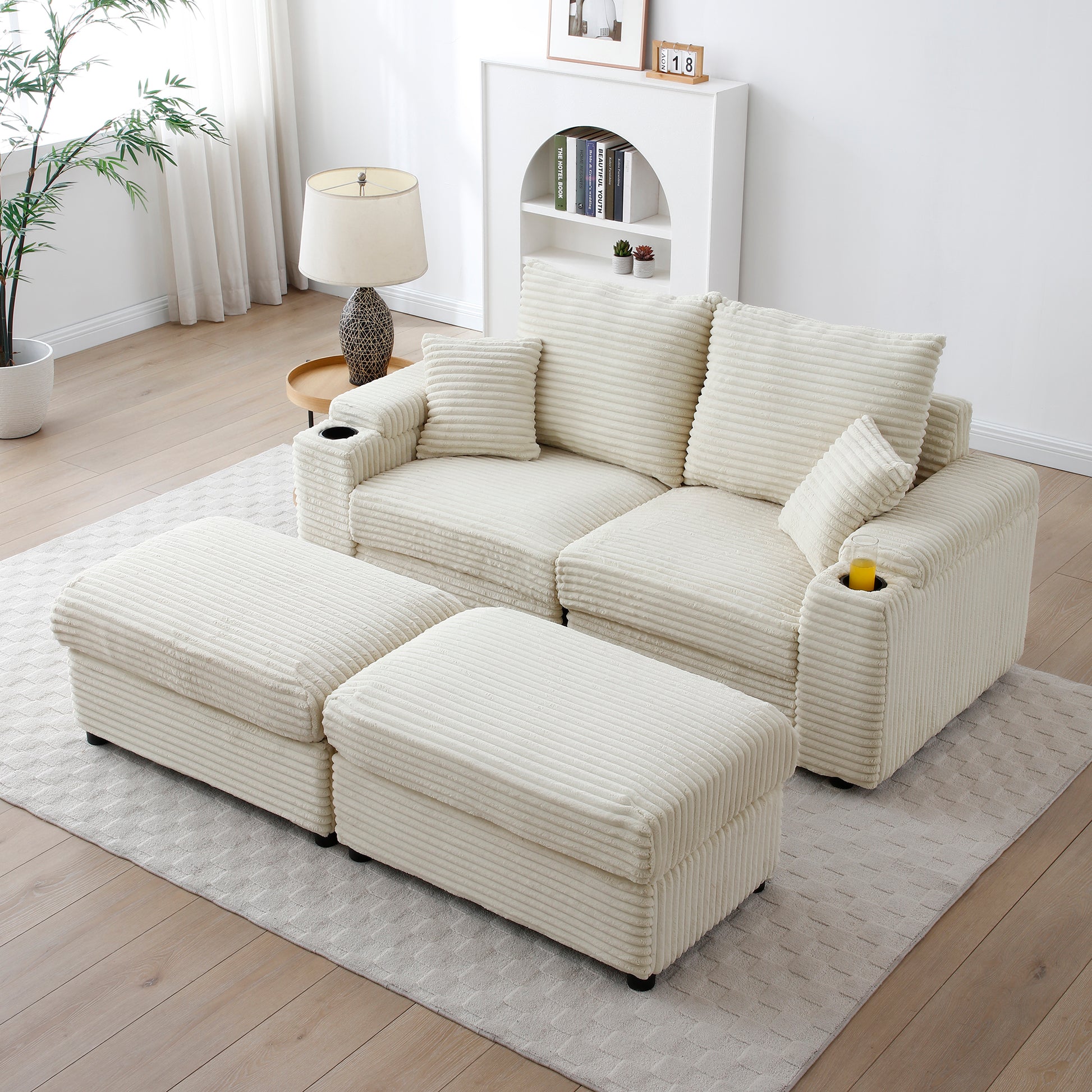 Loveseat With Ottomans,Corduroy Fabric Modular Sectional Sofa,Comfy Deep Plush Couch With Ottomans And Two Pillows,For Small Spaces, Living Room,Bedroom, Office, 5 Colors,Cream Cream Wood Primary