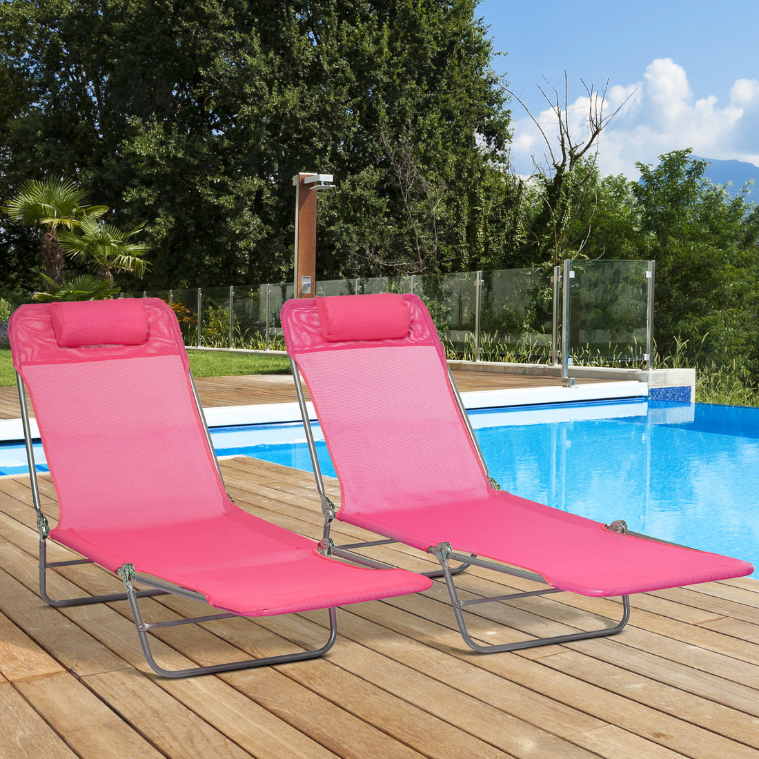 Outsunny 2 Piece Folding Chaise Lounge Chairs, Pool Sun Tanning Chairs, Outdoor Lounge Chairs With 6 Position Reclining Back,Mesh Seat, Headrest For Beach, Yard, Patio, Pink Pink Steel