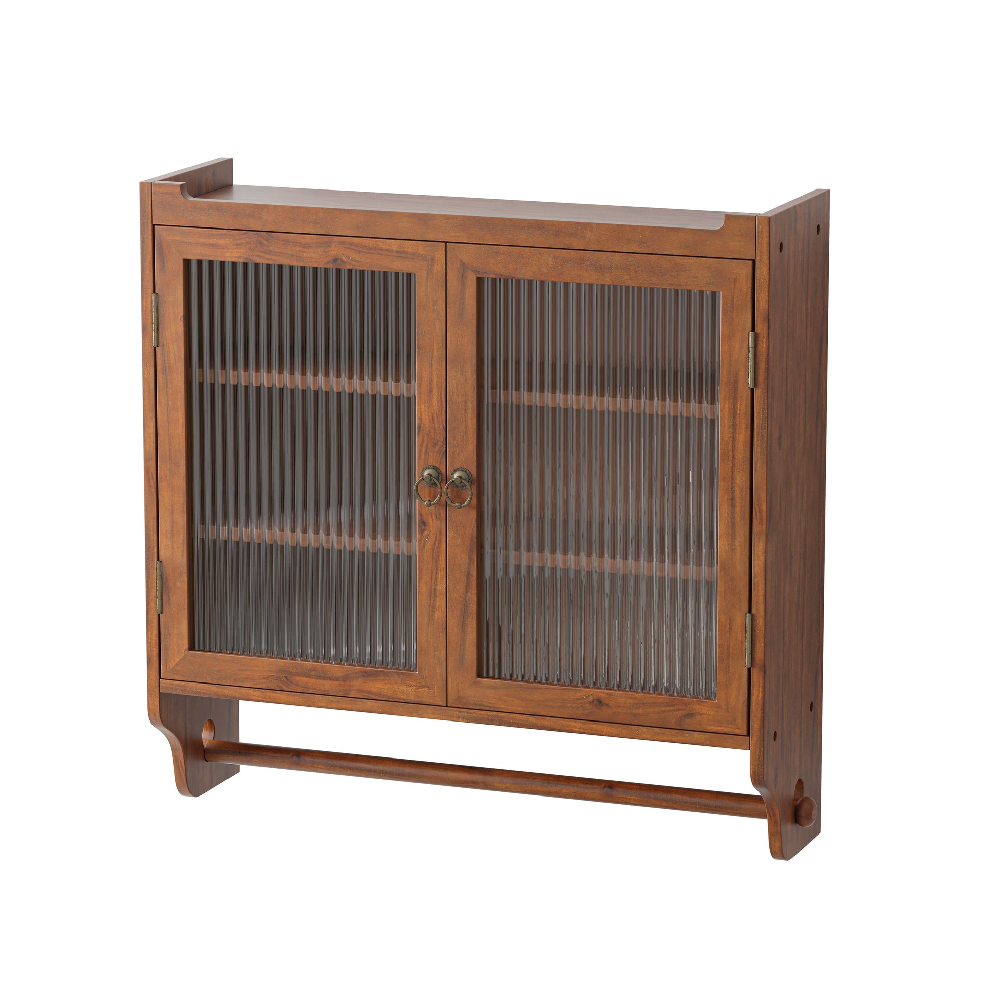 24.8"Glass Door Vintage Double Door Wall Cabinet With Three Tiers Of Storage With Towel Rack, For Bathroom, Kitchen,Dining Room,Brown Brown Glass