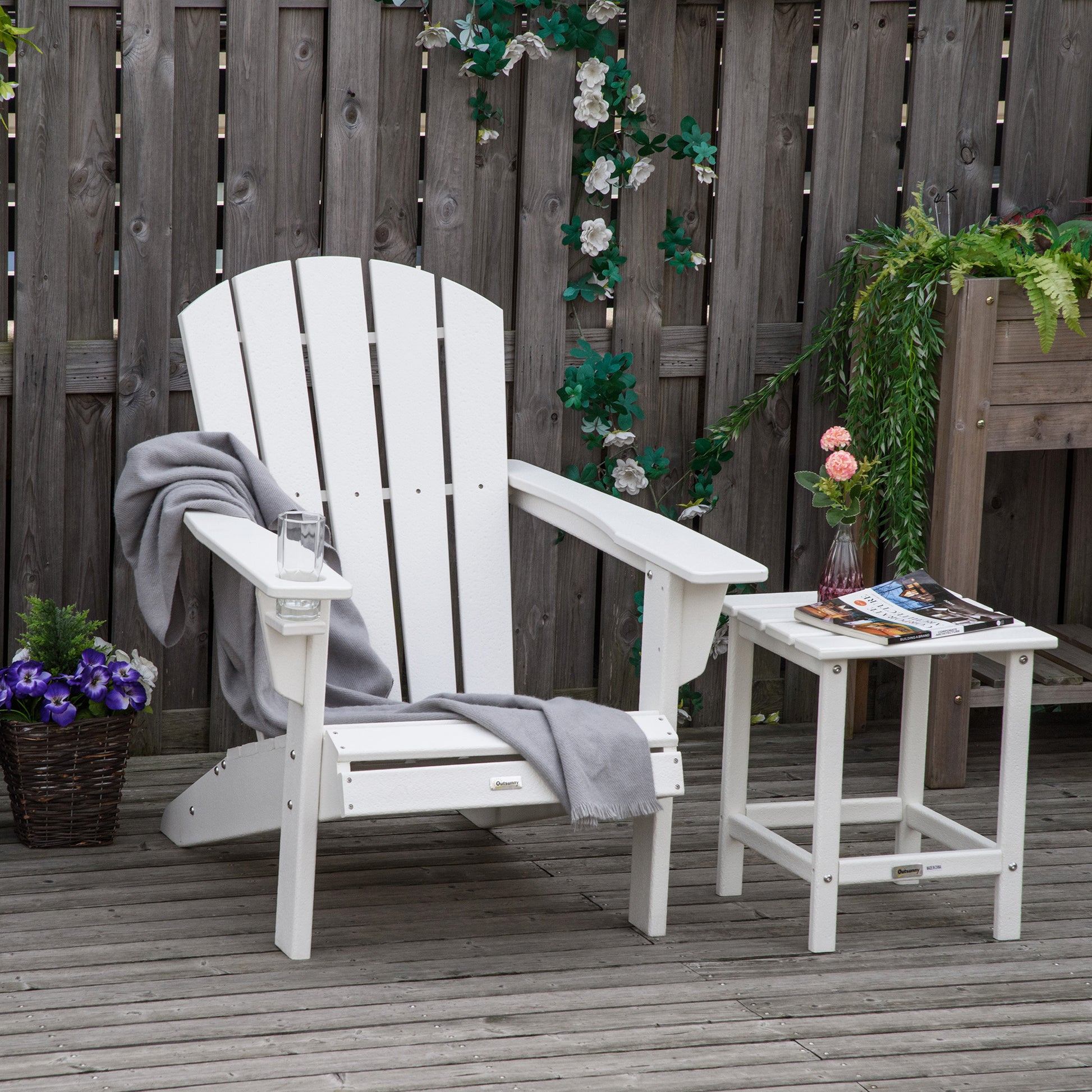 Outsunny Adirondack Chair With Cup Holder, All Weather Patio Chair Hdpe Lounger, Fire Pit Seating High Back And Wide Seat For Outdoor, Backyard, Garden, Deck, Lawn, White White Plastic