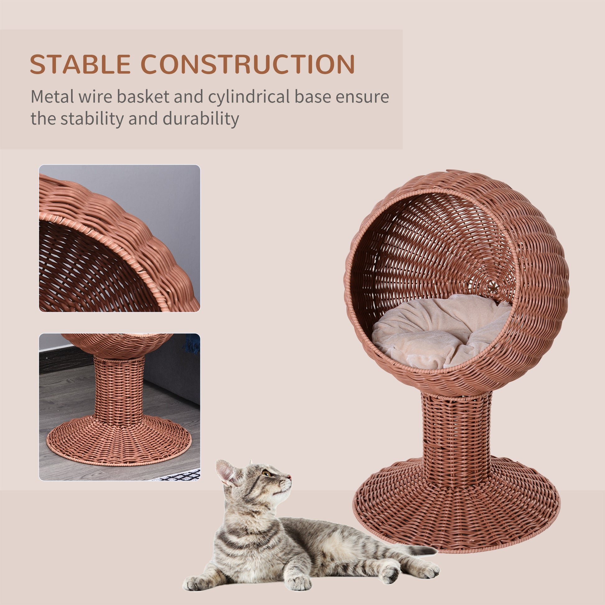 Pawhut Elevated Cat Bed With Rotatable Egg Chair Pod, Cat Basket Bed With Thick Cushion, Natural Mat Grass Woven Kitty House, Brown Brown Rattan