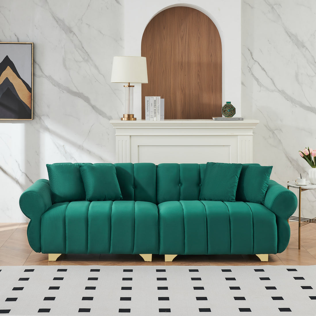 89 Inch Spring Wrapped Cushions, 3 Flannelette Sofas, Stylish Metal Feet And 4 Throw Pillows Make For A Modern Living Room Bedroom Green Velvet 3 Seat