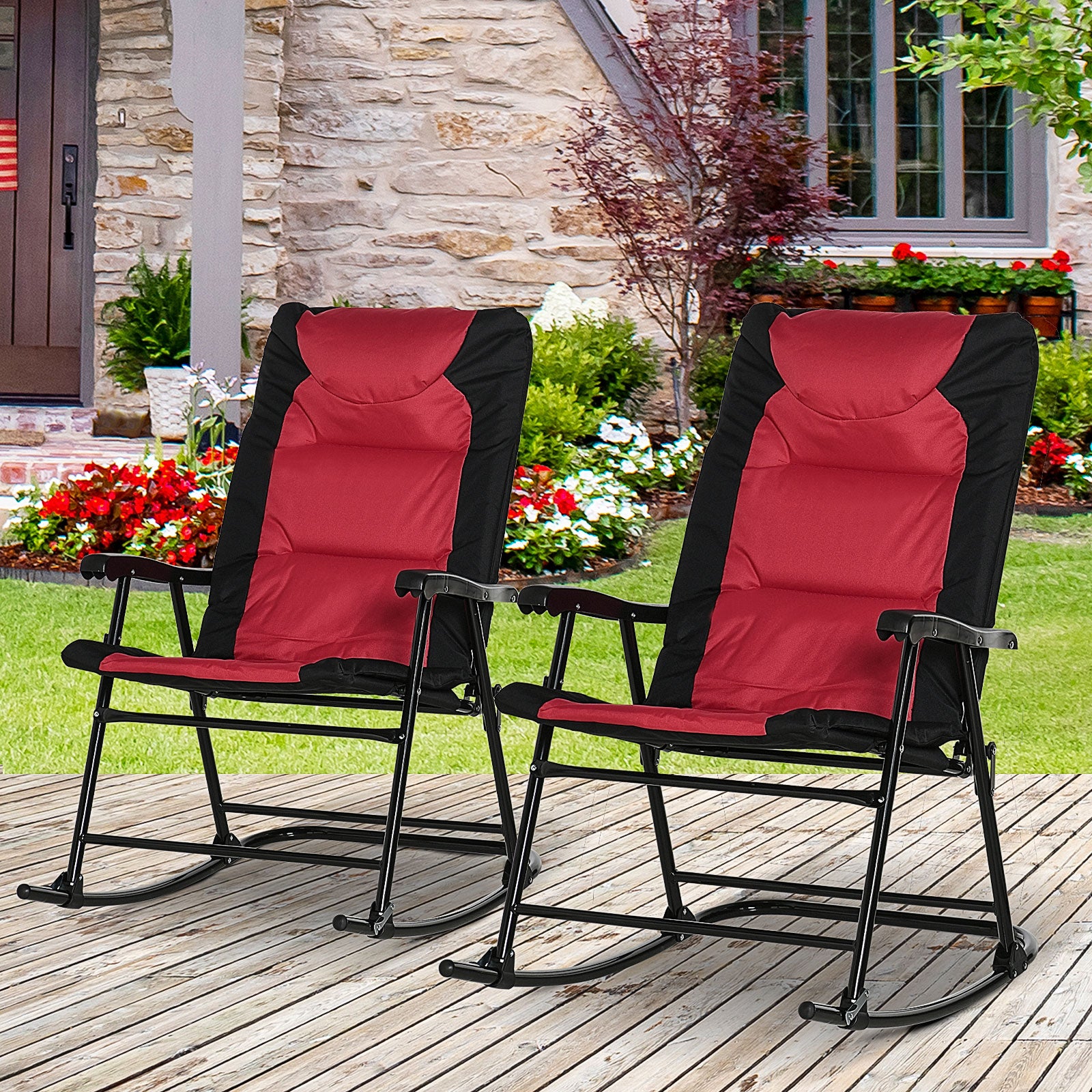 Outsunny 2 Piece Outdoor Patio Furniture Set With 2 Folding Padded Rocking Chairs, Bistro Style For Porch, Camping, Balcony, Red Red Oxford Fabric