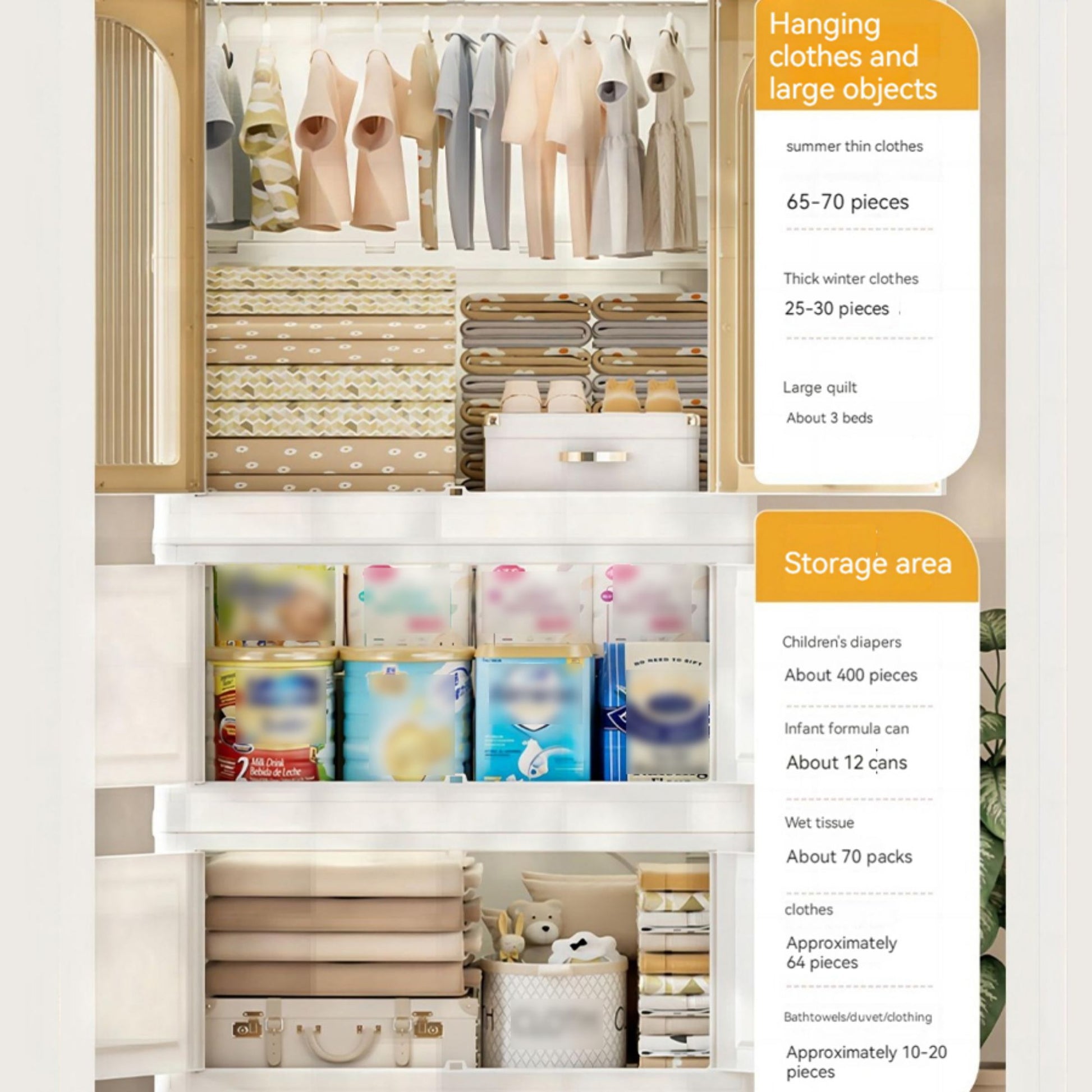 25.59" Side Wide Folding Wardrobe25.59" 15.75" 57.09", With Magnetic Door, Plastic Storage Cabinet With Wheels One Layer Of Wardrobe Two Layers Of Folding Boxes 10 Hangers Cream White Plastic