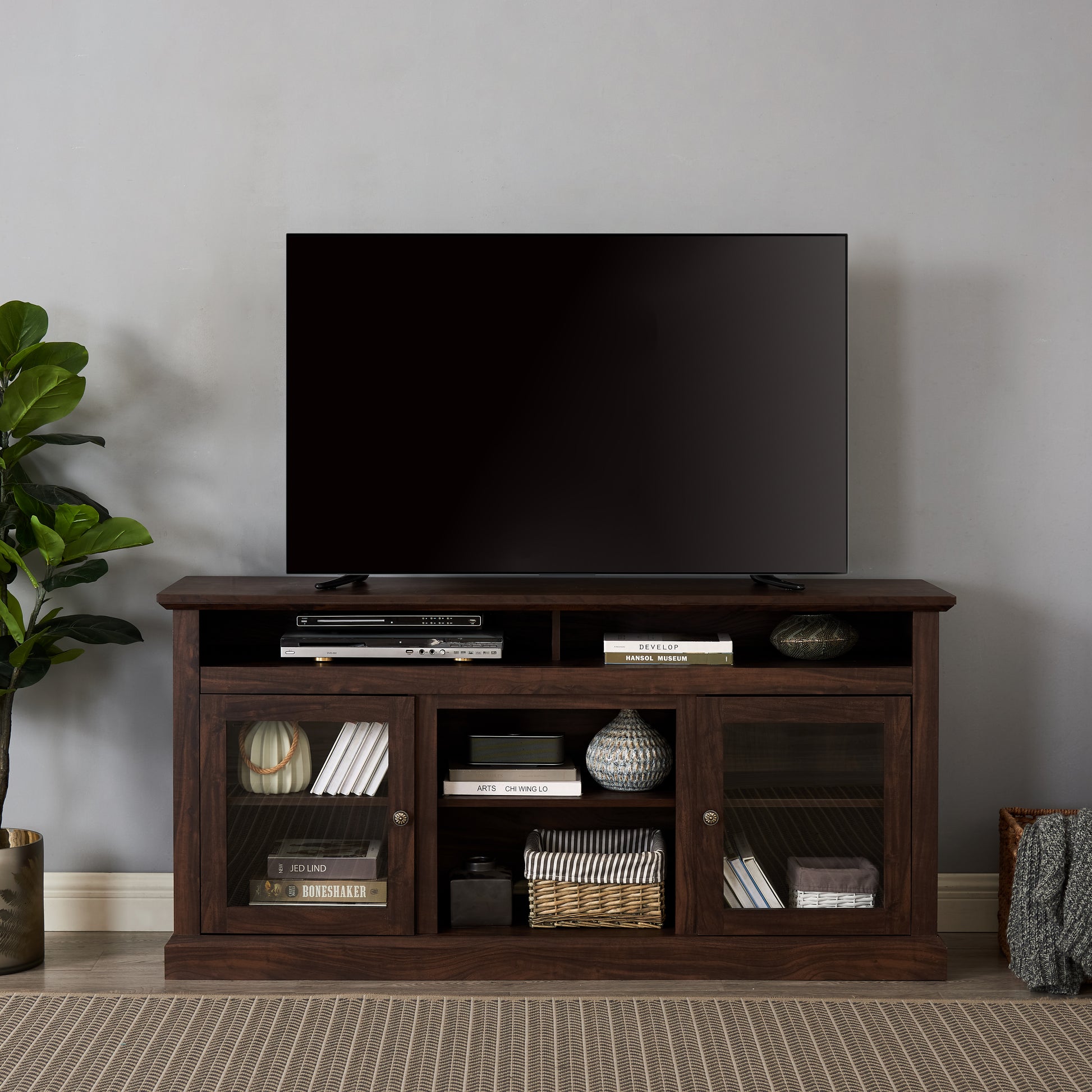 Modern Tv Stand Media Stand Modern Entertainment Console For Tv Up To 65" With Glass Door Open And Closed Storage Space, Brown, 60"W*15.75"D*29"H Brown 60 69 Inches Mdf