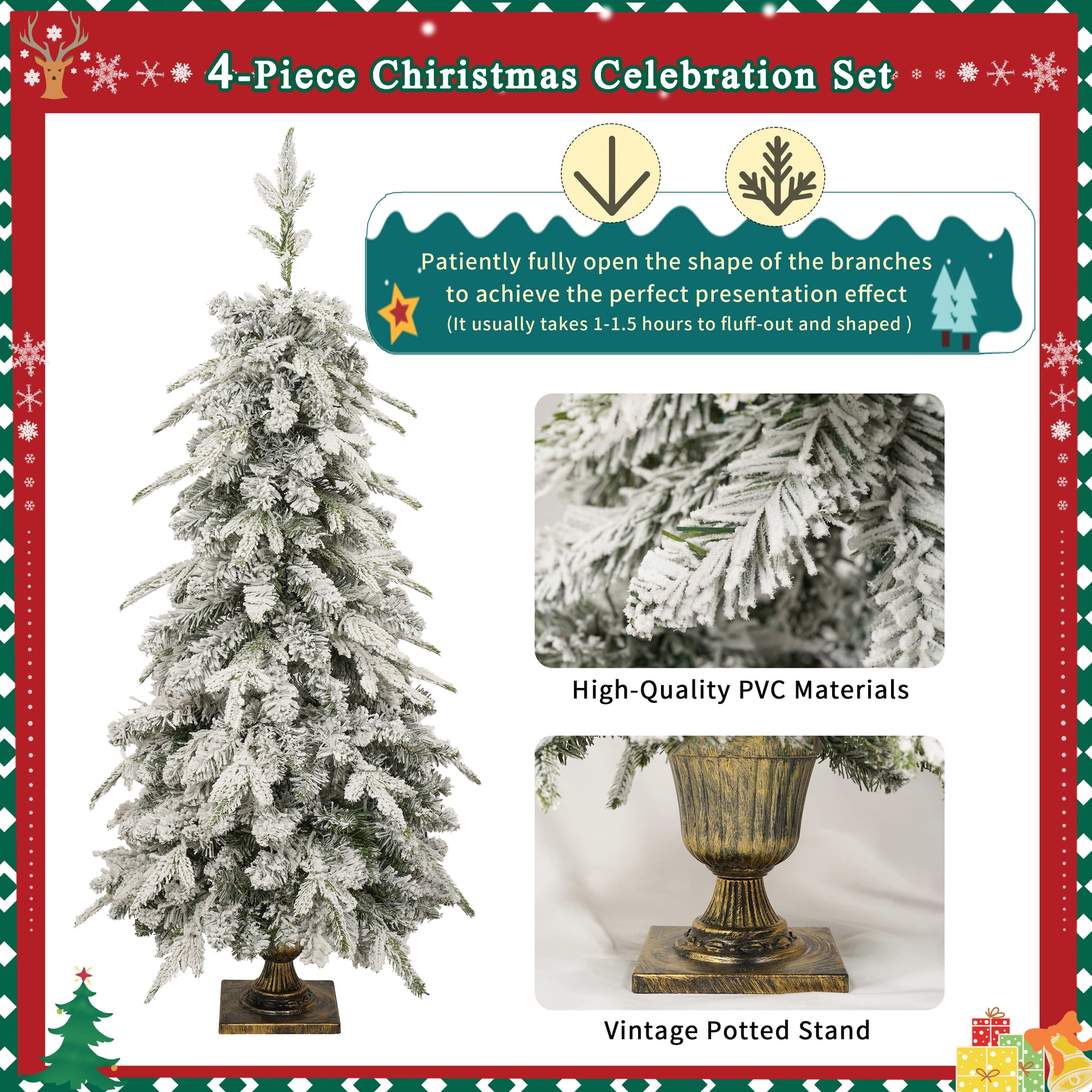 Pre Lit Christmas Artificial Tree 4 Piece Set, Garland, Wreath And Set Of 2 Entrance Trees, X Mas With Led Lights, Pvc Festival Celebration Set, Green Green Pvc