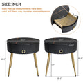 19.6'' Easy Assembly End Tables With High Gloss Faux Marble Tabletops, Set Of 2, Modern Fluted 2 Side Tables With Drawers, Round Coffee Tables With Golden Legs For Living Room, Black Black Gold Primary Living Space Drawers Round Mdf Iron