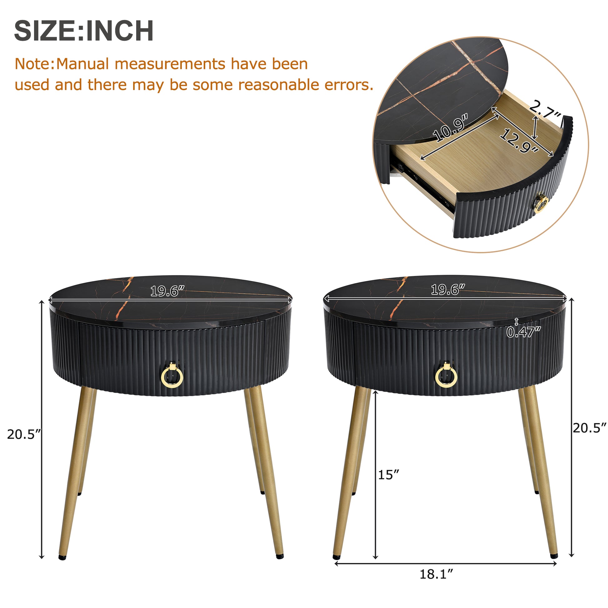 19.6'' Easy Assembly End Tables With High Gloss Faux Marble Tabletops, Set Of 2, Modern Fluted 2 Side Tables With Drawers, Round Coffee Tables With Golden Legs For Living Room, Black Black Gold Primary Living Space Drawers Round Mdf Iron