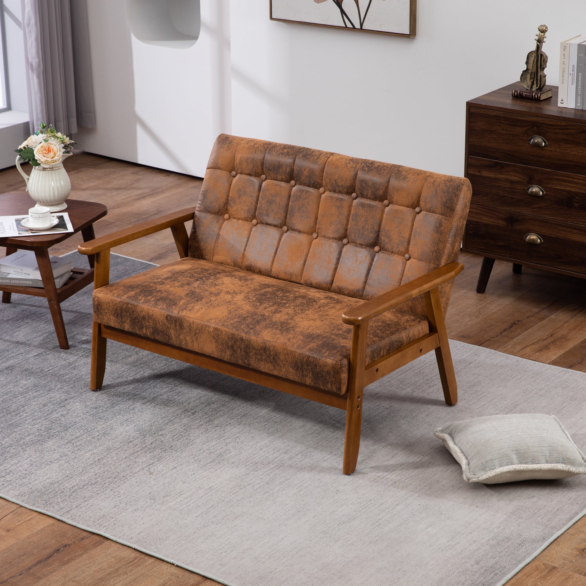 Coolmore Mid Century Modern Solid Loveseat Sofa Upholstered Microsuede Fabric Loveseat, 2 Seat Upholstered Loveseat Sofa Modern Couch Coffee Microsuede 2 Seat