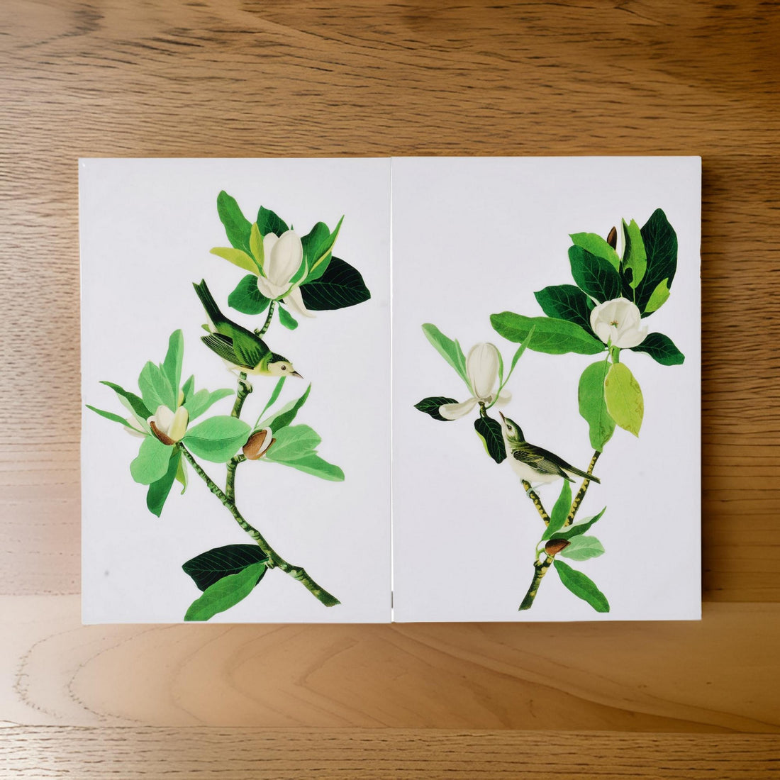 Magnolia Blooms Wall Art On Wooden Base, Multicolor, Set Of 2 White Green Wood