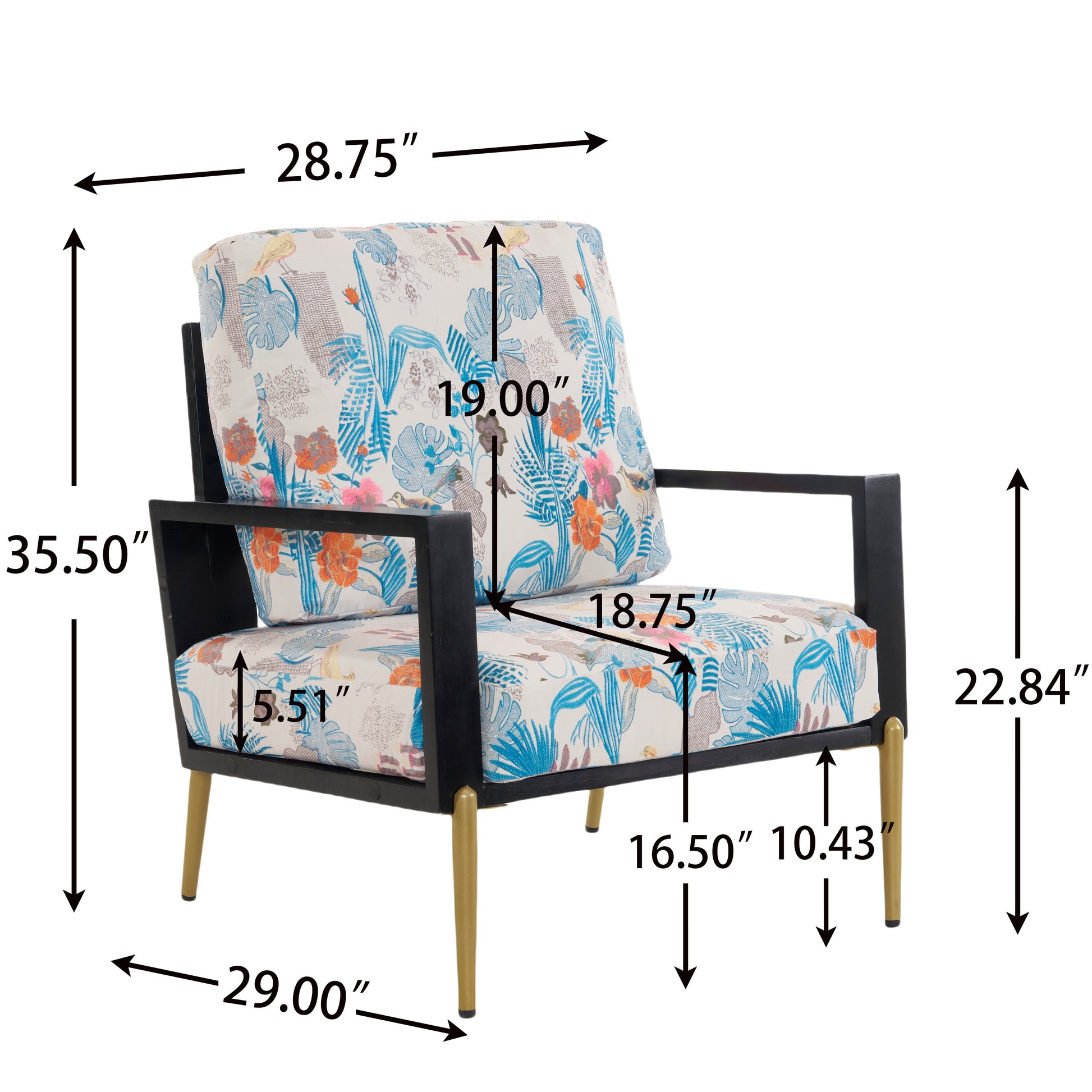 Retro Low Back Floral Print Velvet Accent Armchair With Gold Metal Legs & Rubberwood Frame, Wide Armrest Mid Century Lounge Chair With Pillow Back, Sofa Chair For Living Room & Balcony, Blue Floral