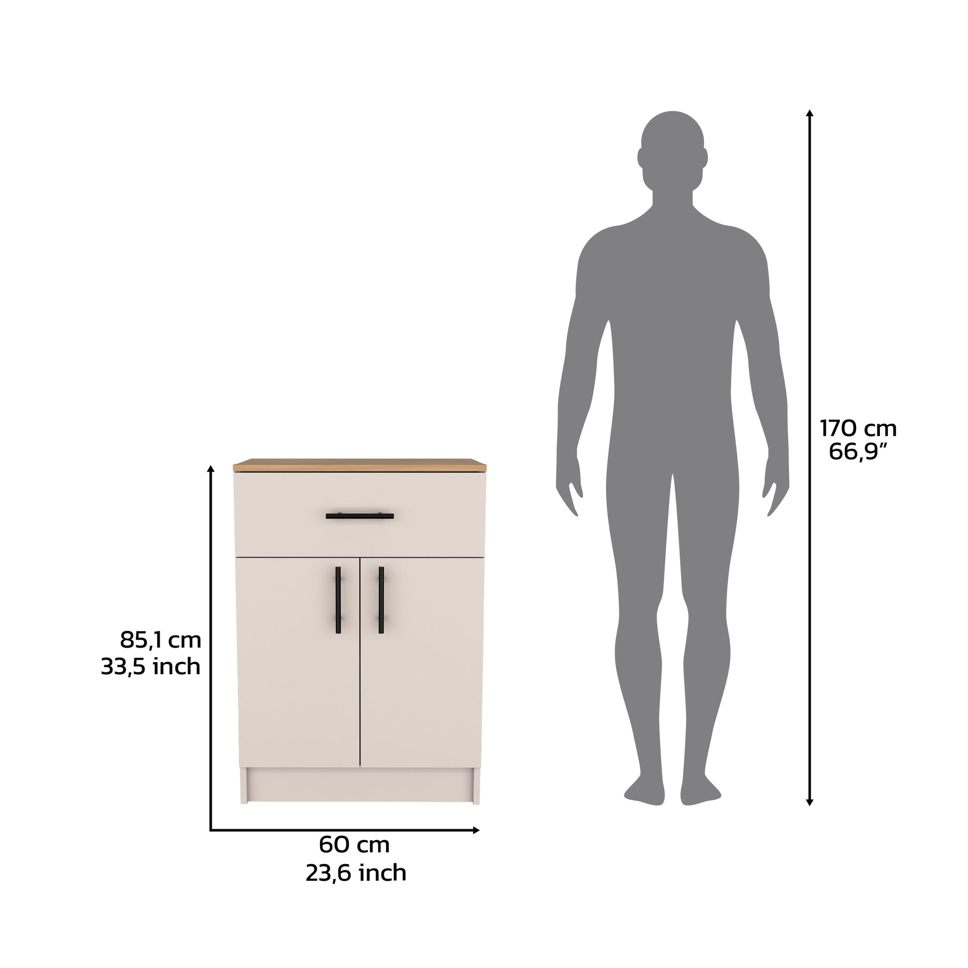 Pantry Organizer Cabinet 33" H, One Drawer, Two Interior Shelves, Two Doors, Ivory Natural Oak Multicolor Solid Wood Mdf Engineered Wood