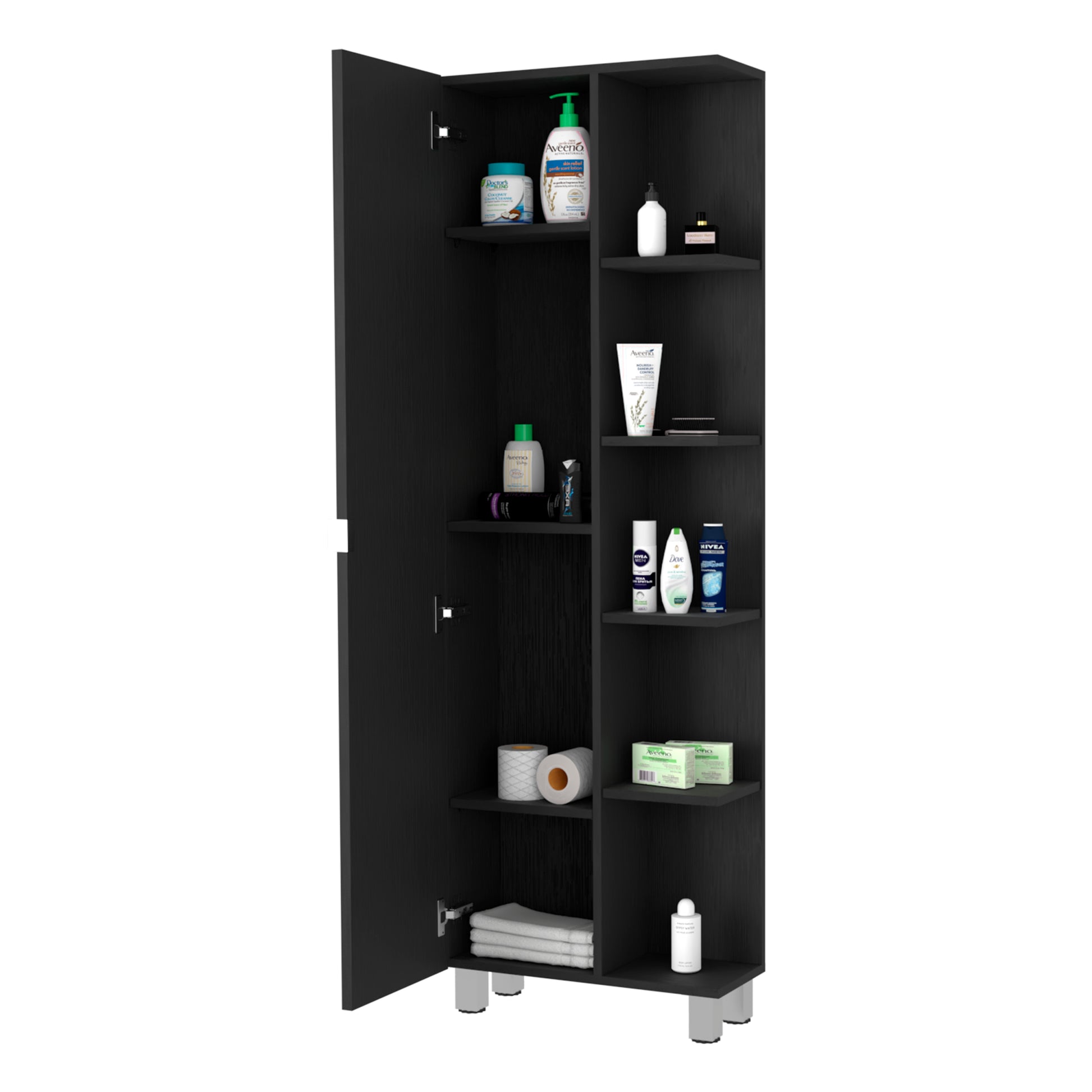 Los Angeles Linen Cabinet, Five Shelves, One Cabinet, Divisions Black 1 5 18 To 23 In 60 In & Above Bathroom Freestanding Contemporary 5 10 Inches Melamine Melamine