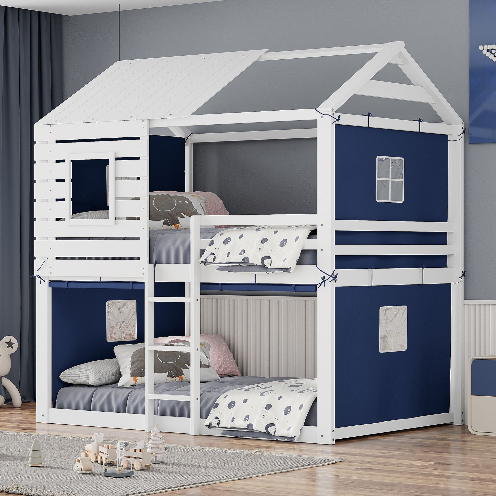 Full Size Bunk Wood House Bed With Tent, Blue White Full Blue Solid Wood Mdf